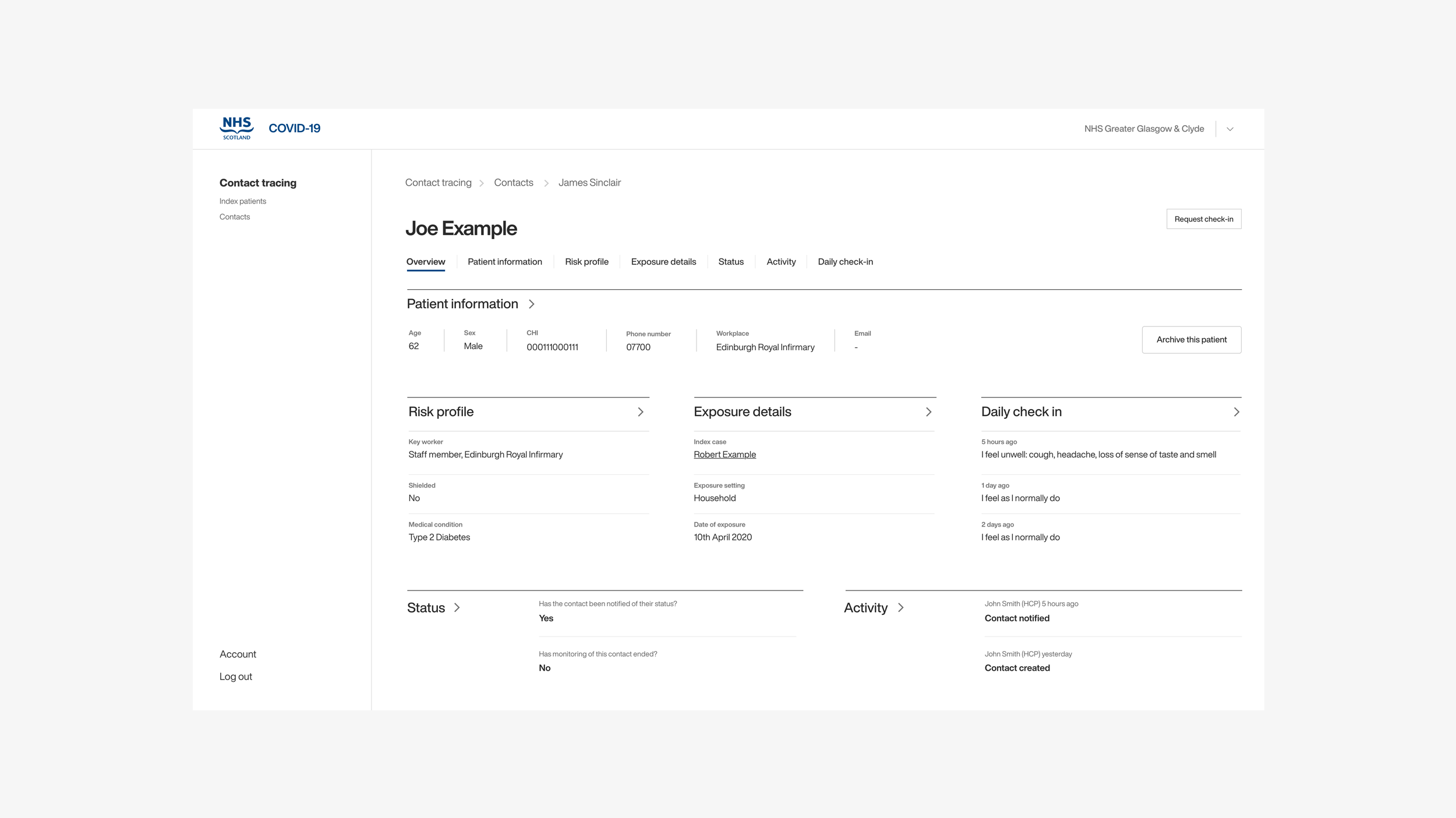 Screenshot of Covid notification user interface