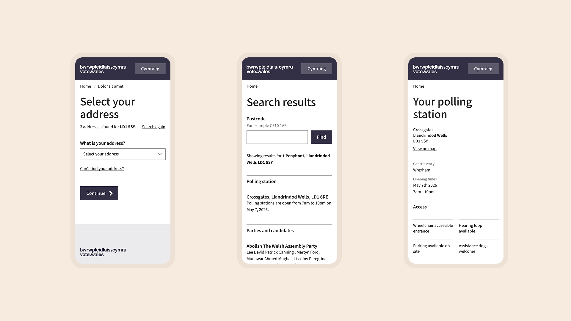 A selection of Vote Wales screenshots on mobile devices showing how a user can find a polling station