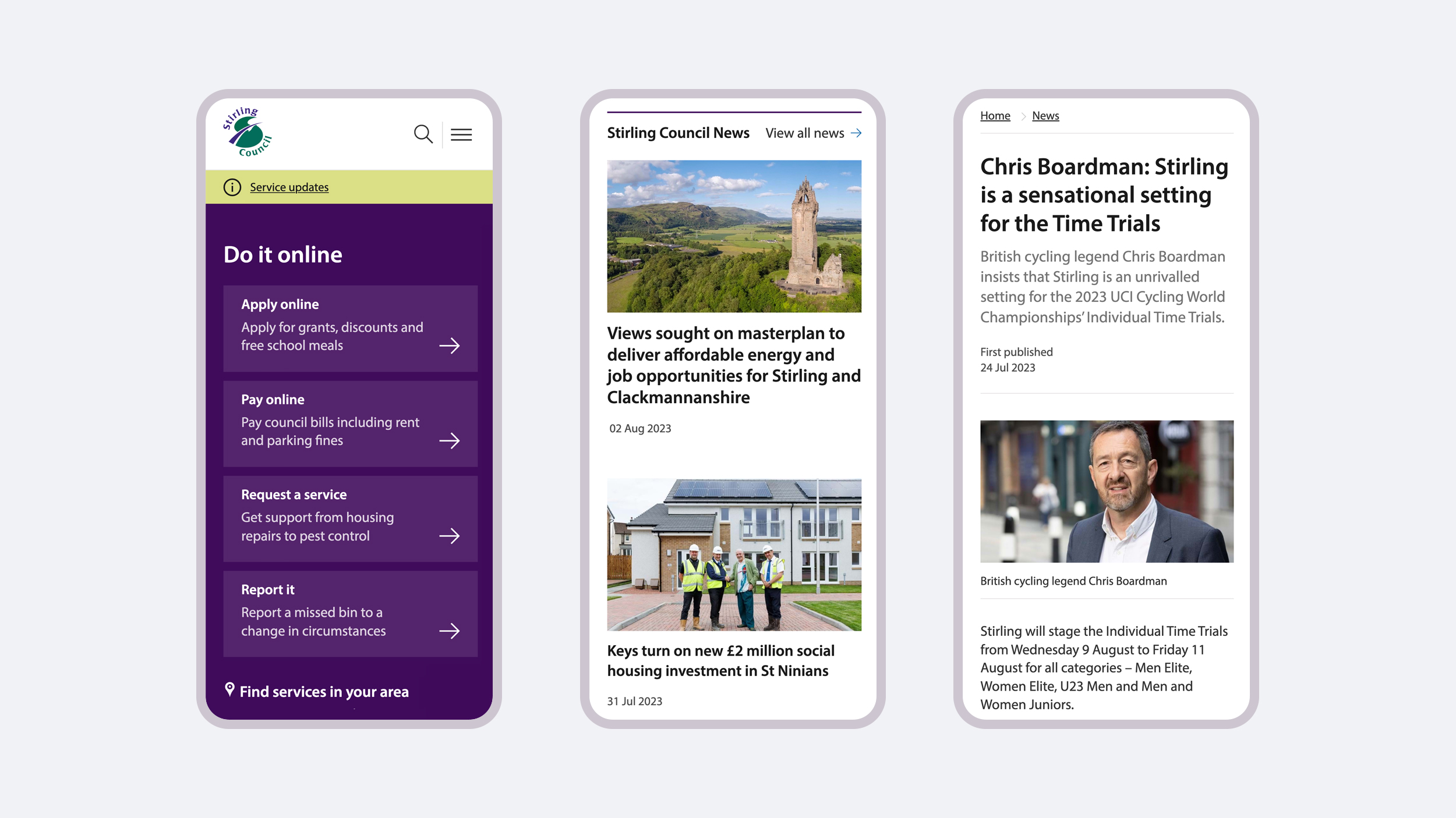 Three smart phone screens showing the Stirling Council website - home page, news, and news article