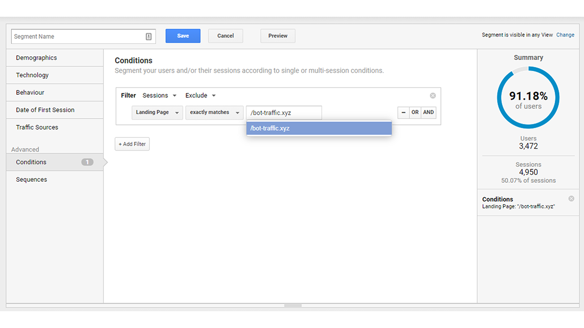 Screenshot of Google Analytics showing how to type the landing page path into the text box