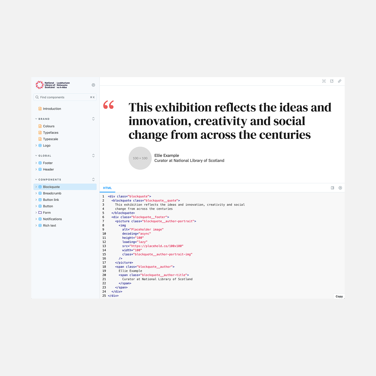A screenshot from a Storybook design system, showing a blockquote component, built for National Library of Scotland by Storm ID