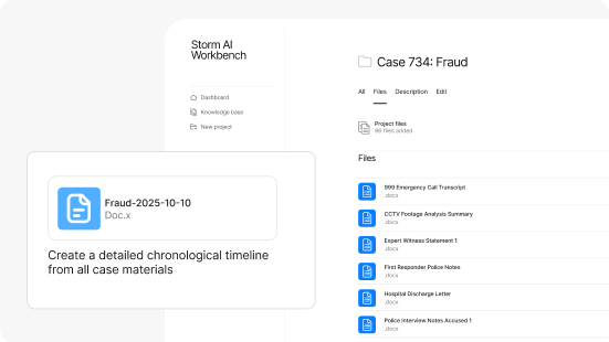 Illustration of the Workbench user interface and a use case of asking AI to chronologically detail events in a case file