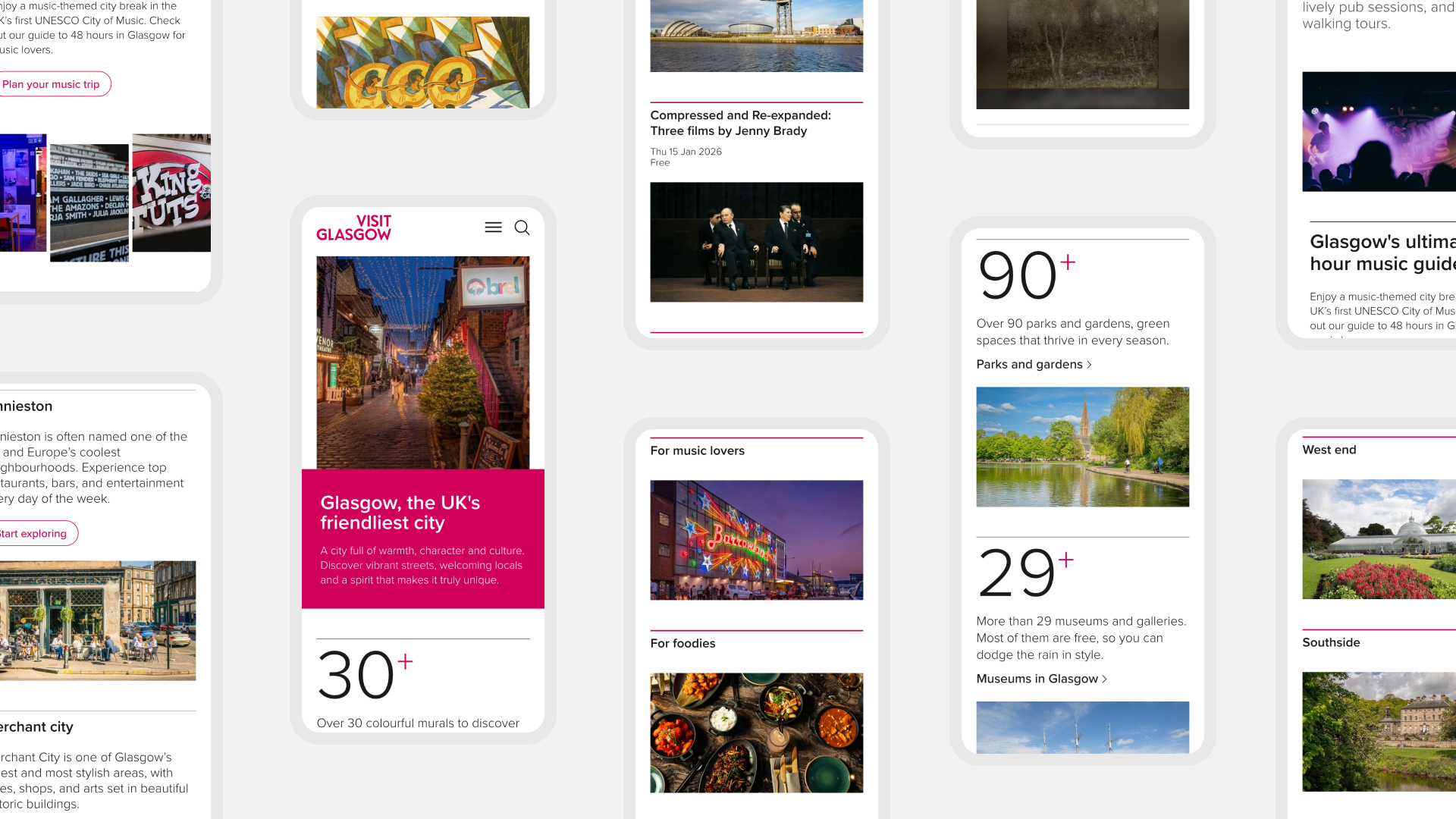 A montage of mobile device screenshots of the Visit Glasgow website