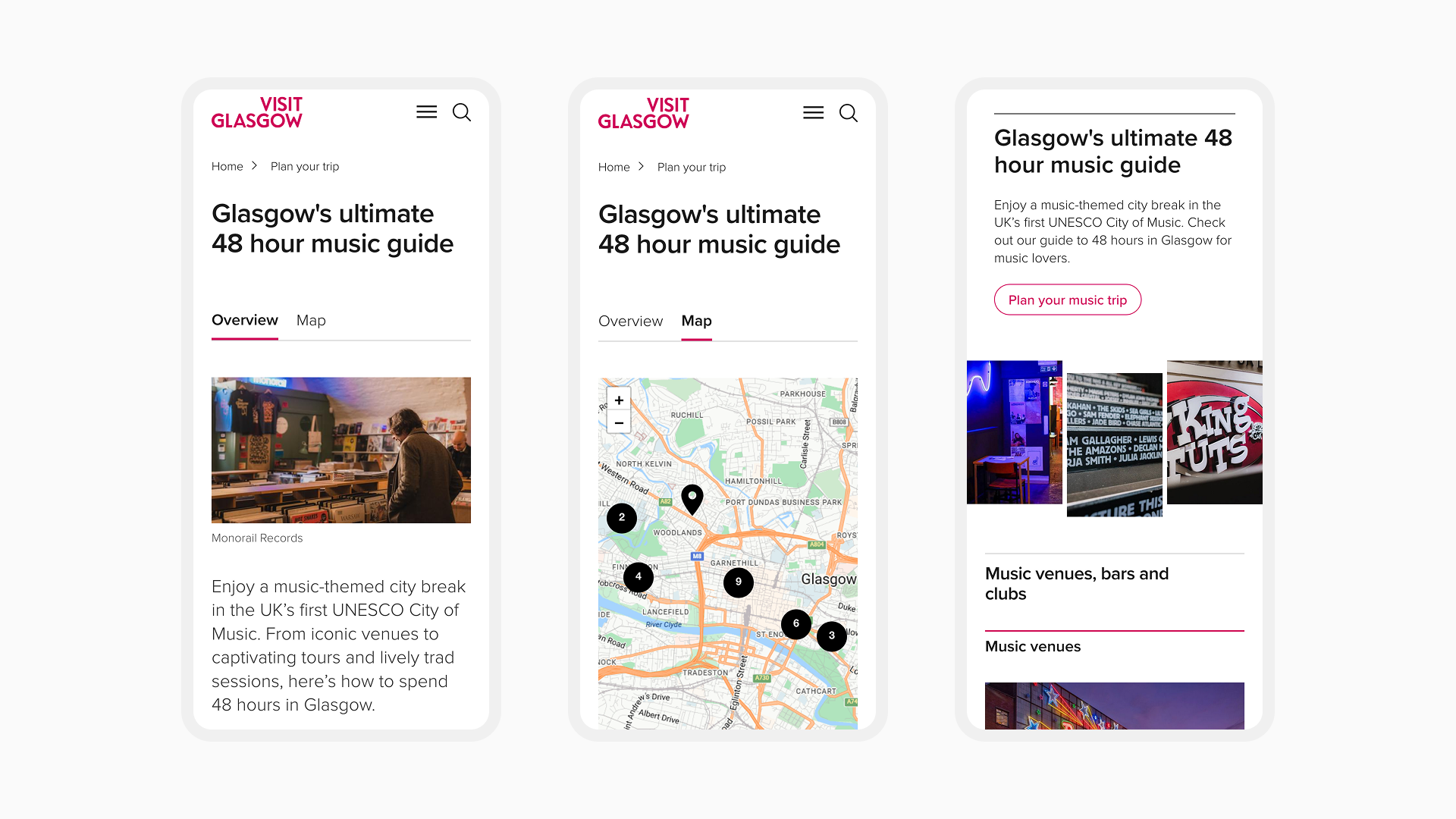 A selection of 3 mobile screenshots of VisitGlasgow Plan Your Trip pages