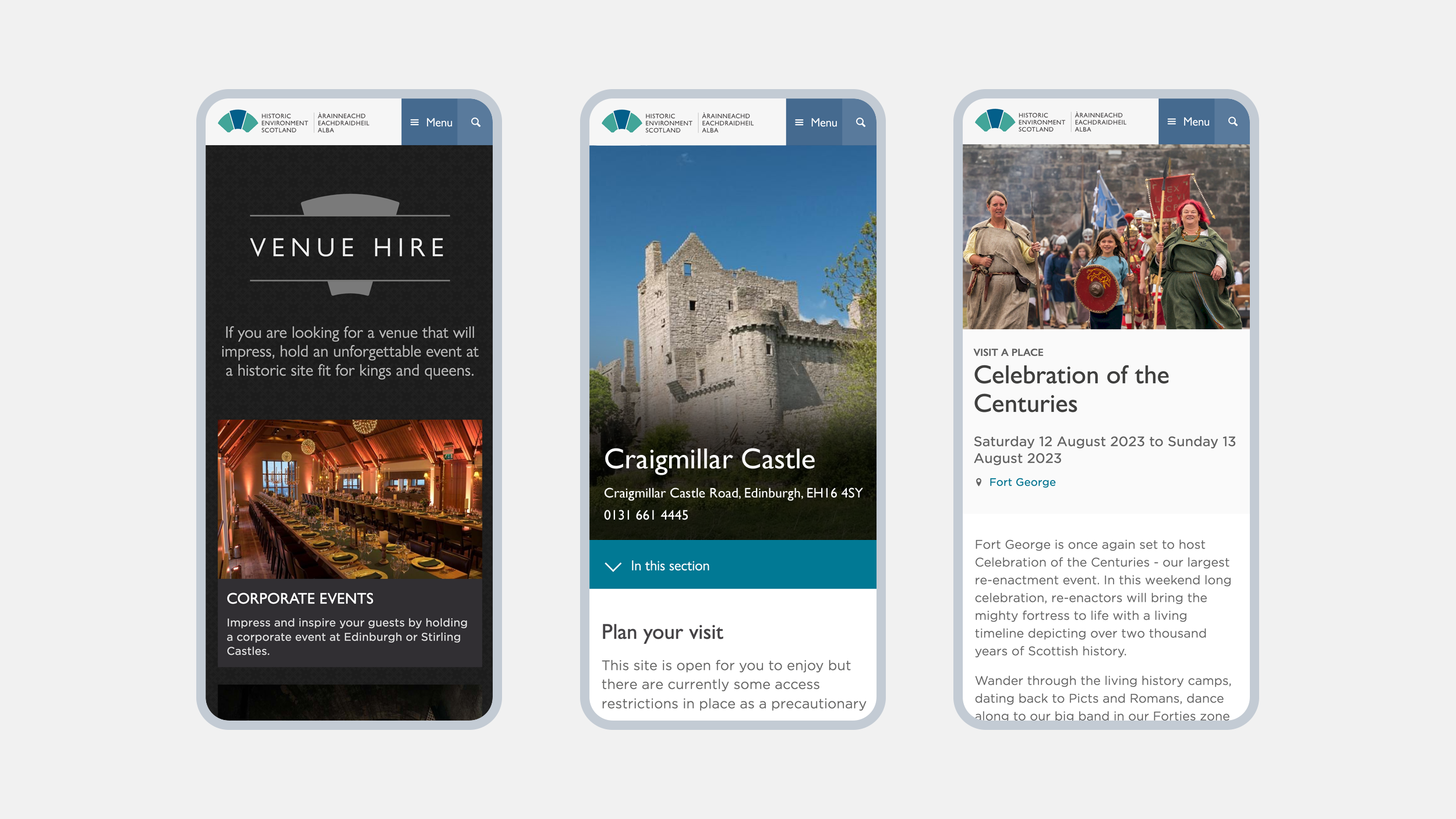 Three small screen views of pages on the HES website - venue hire, Craigmillar Castle, and the Celebration of the Centuries event