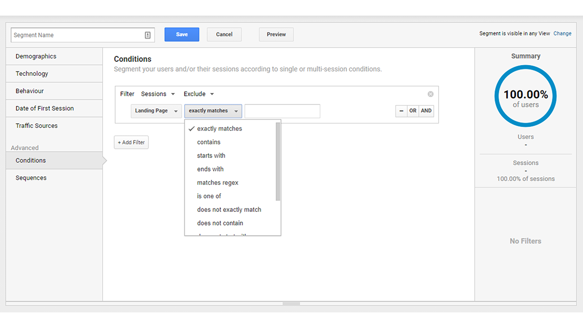 Screenshot of Google Analytics showing how to set match type to 'exactly matches'