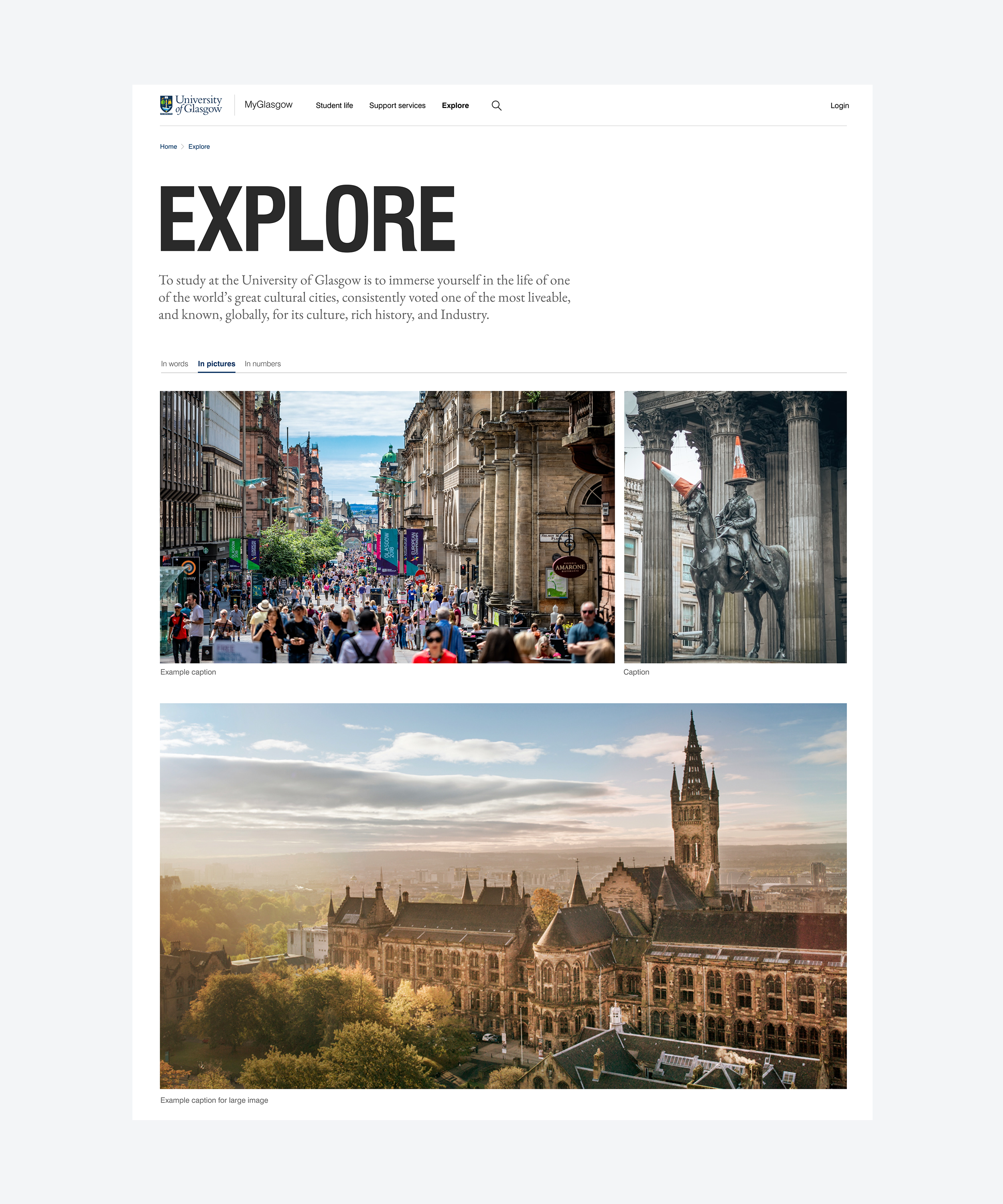 A screenshot of a Explore Glasgow concept page for the University of Glasgow design system