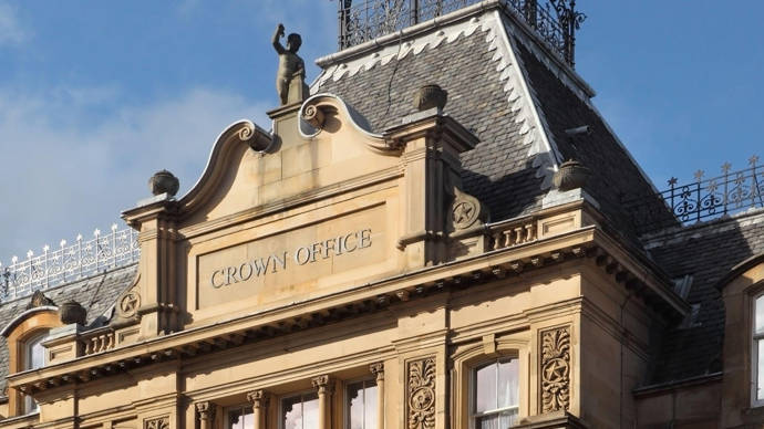 Cropped view of the frontage of the Crown Office building in Edinburgh