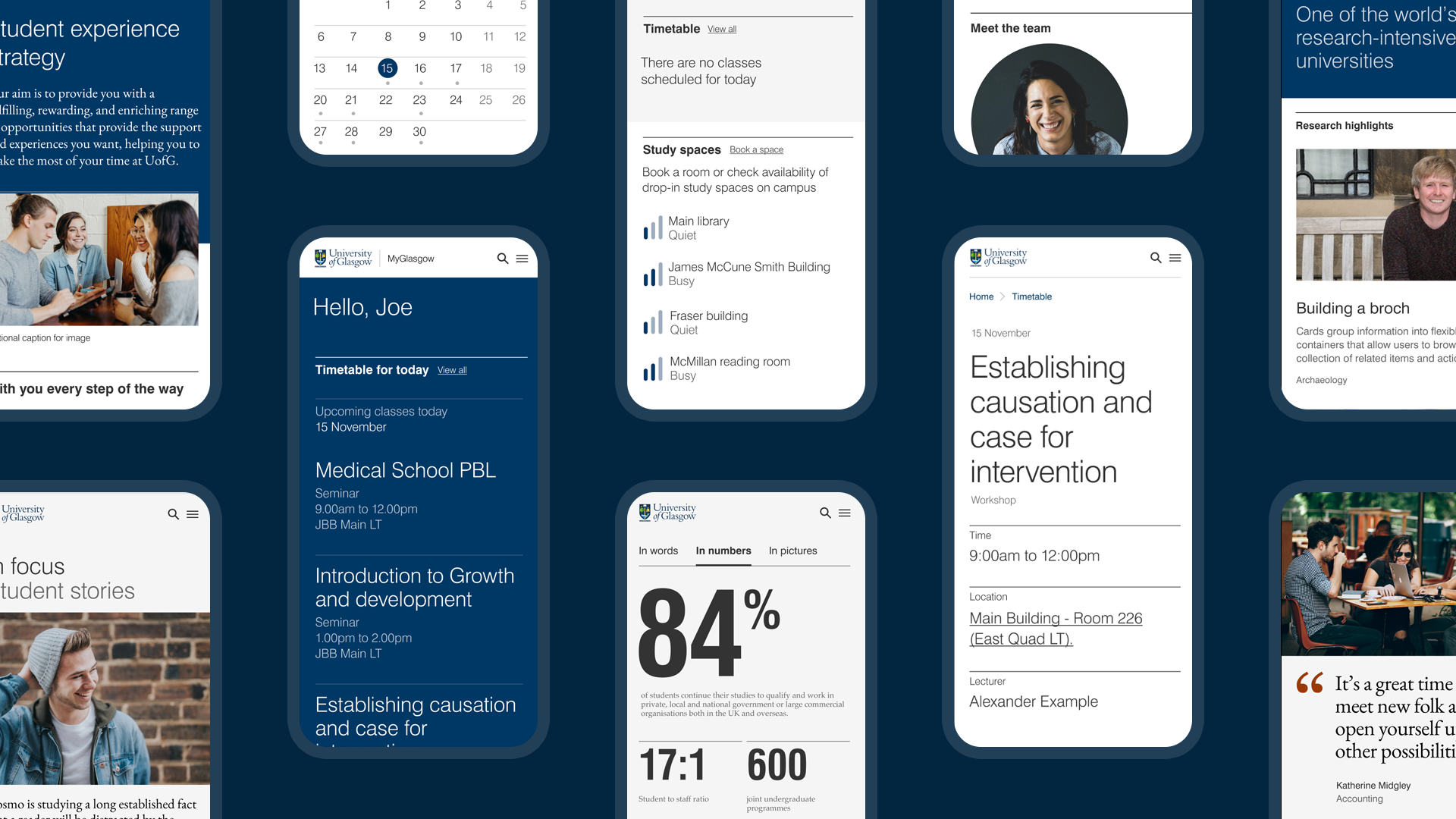 Collection of screenshots from the University of Glasgow design system applied to a range of small screen layouts