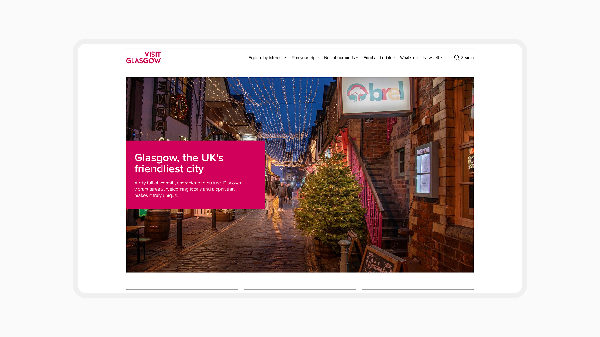 A screenshot of the hero section the homepage of visitglasgow.com