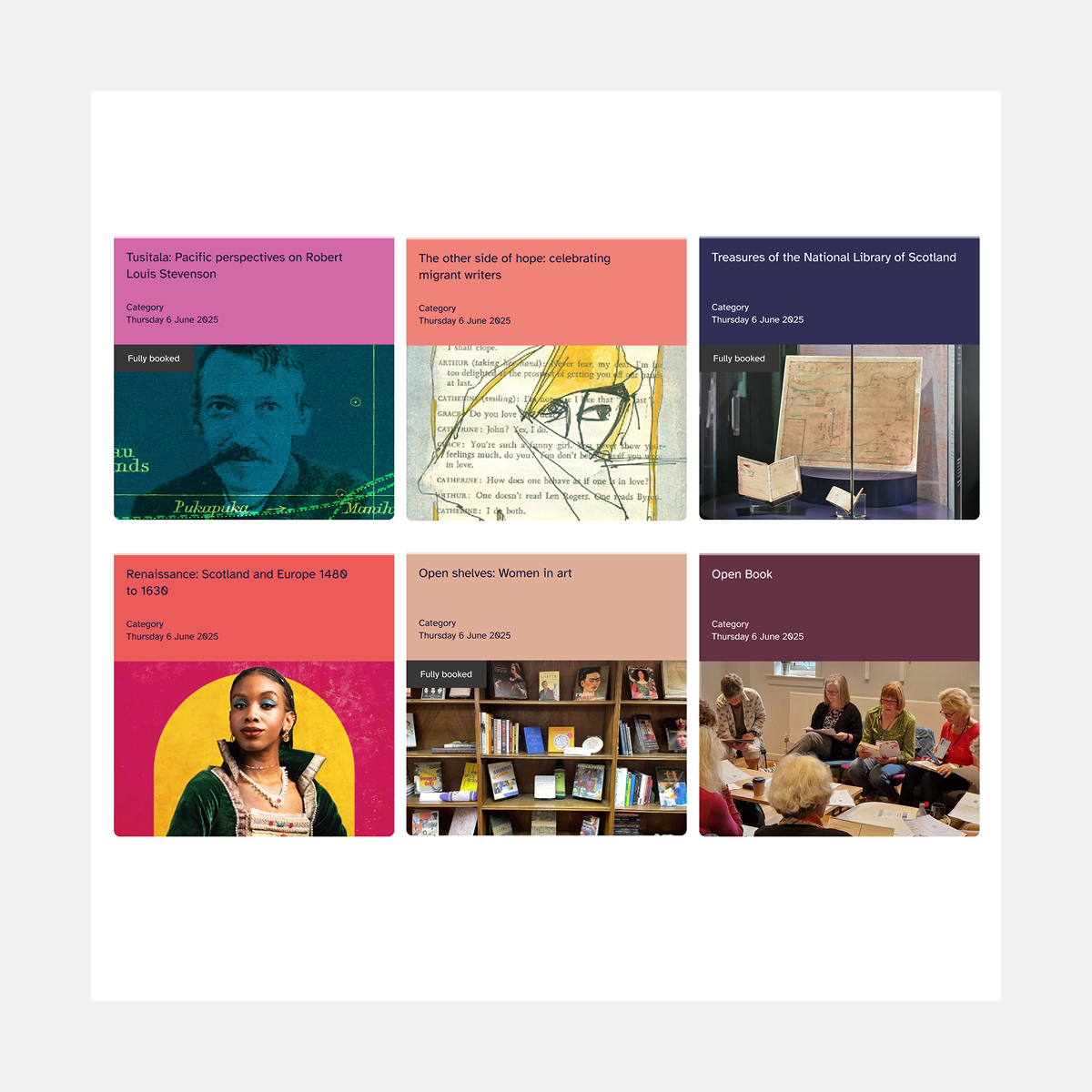 A screenshot of a selection of different card component styles, built for National Library of Scotland by Storm ID