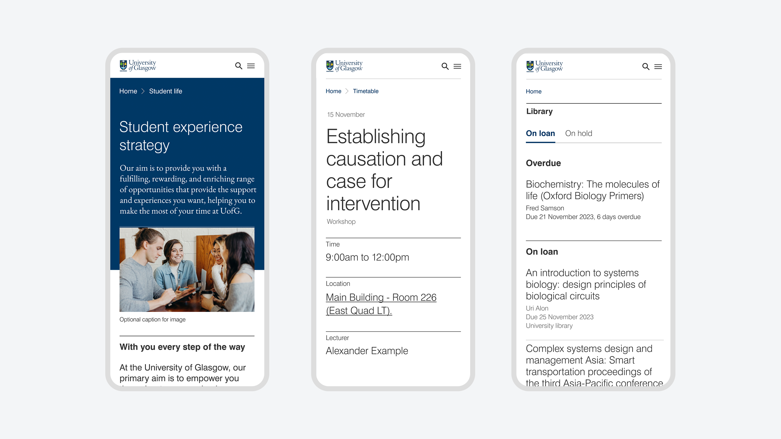 A screenshot of 3 mobile device pages concept for a student life section for the University of Glasgow design system