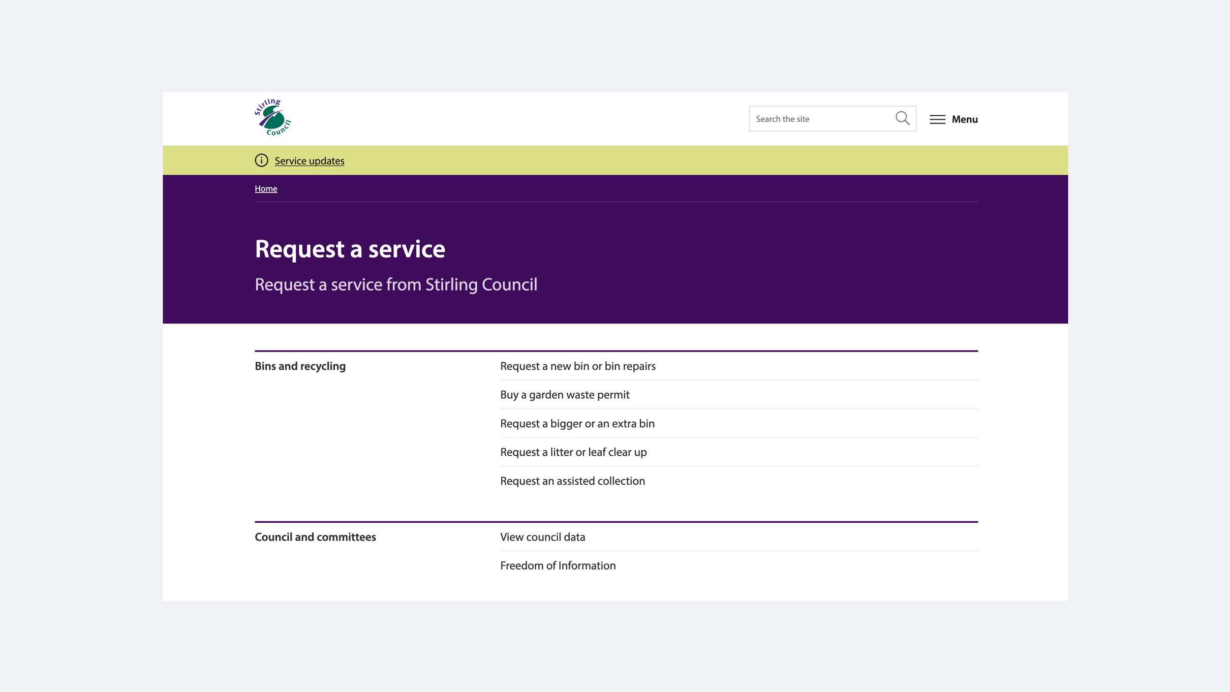 Stirling Council website Request a service page