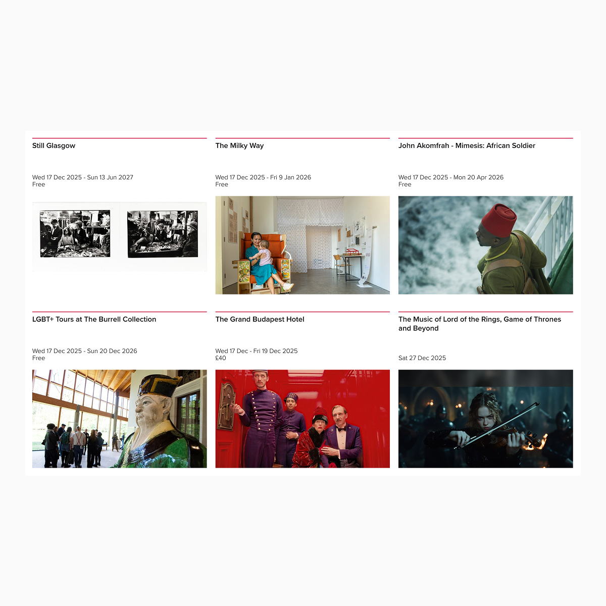 A selection of card modular components from the Visit Glasgow website