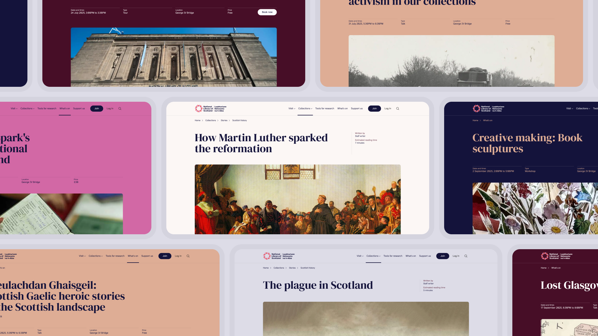 A montage of screenshots from the NLS website of highlighting brand identity application options