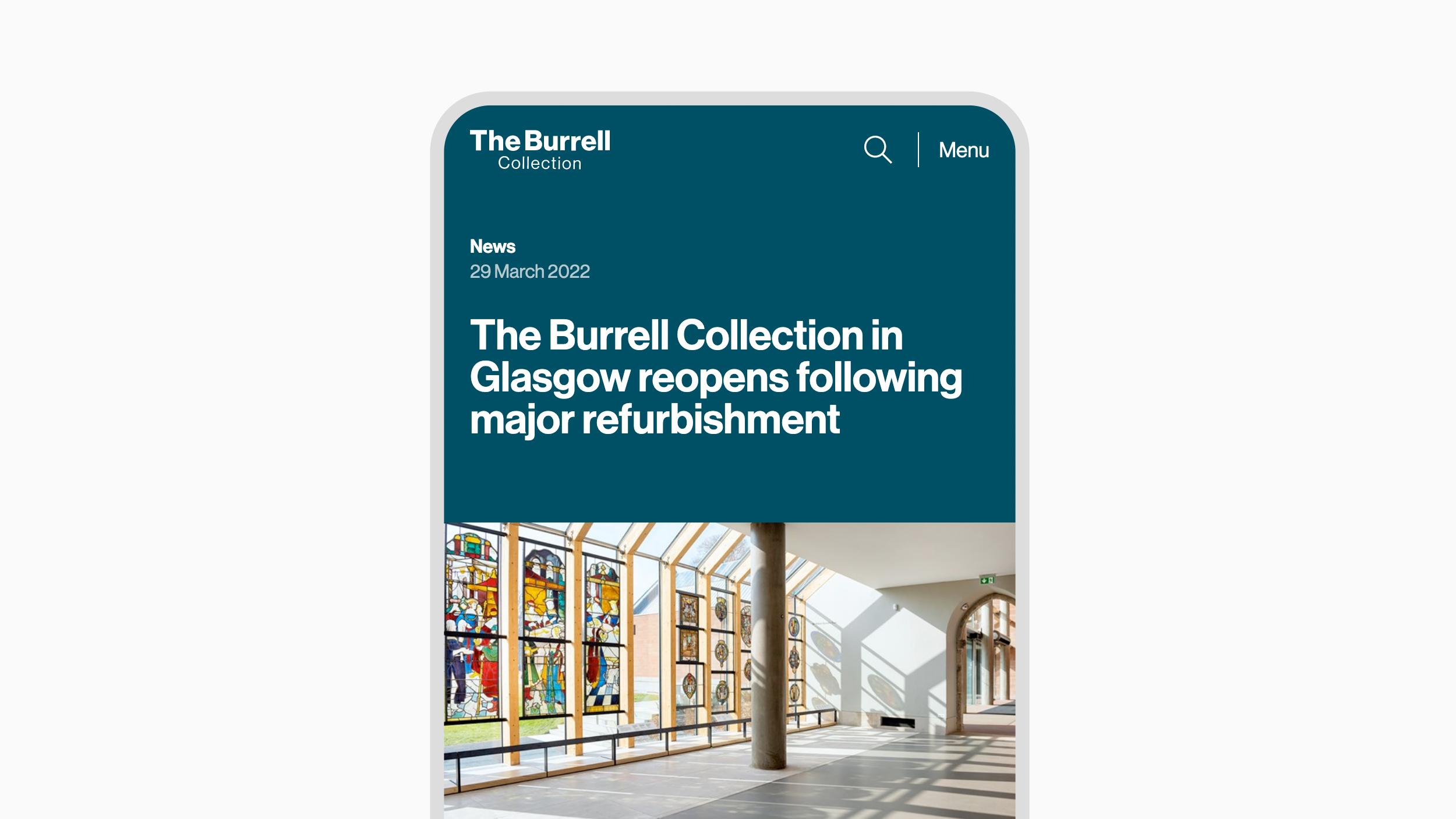The Burrell Collection website on a smart phone, showing a news article page
