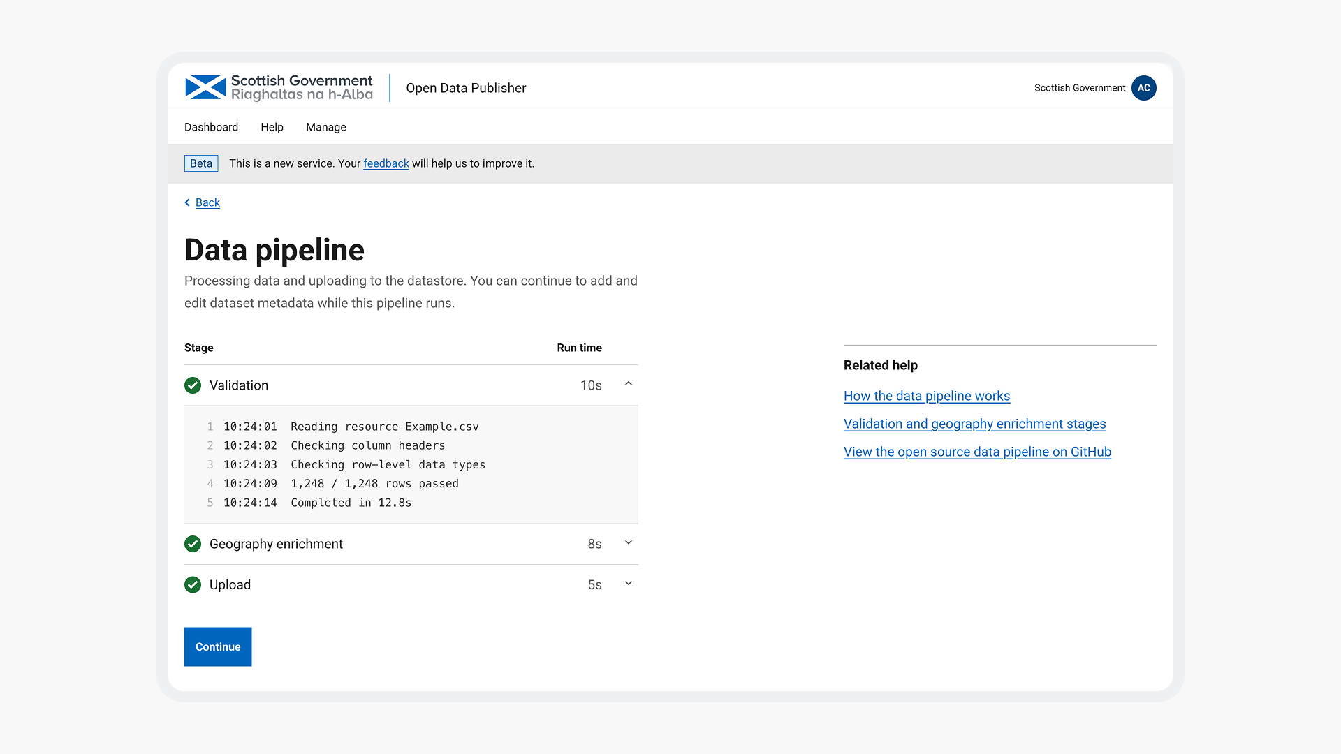Open Data Publisher data pipeline screen showing validation, geography enrichment and upload stages completed, with an expanded validation log.