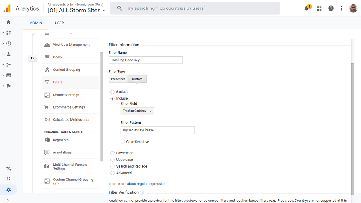 Screenshot of Google Analytics showing how to create an appropriate Google Analytics filter