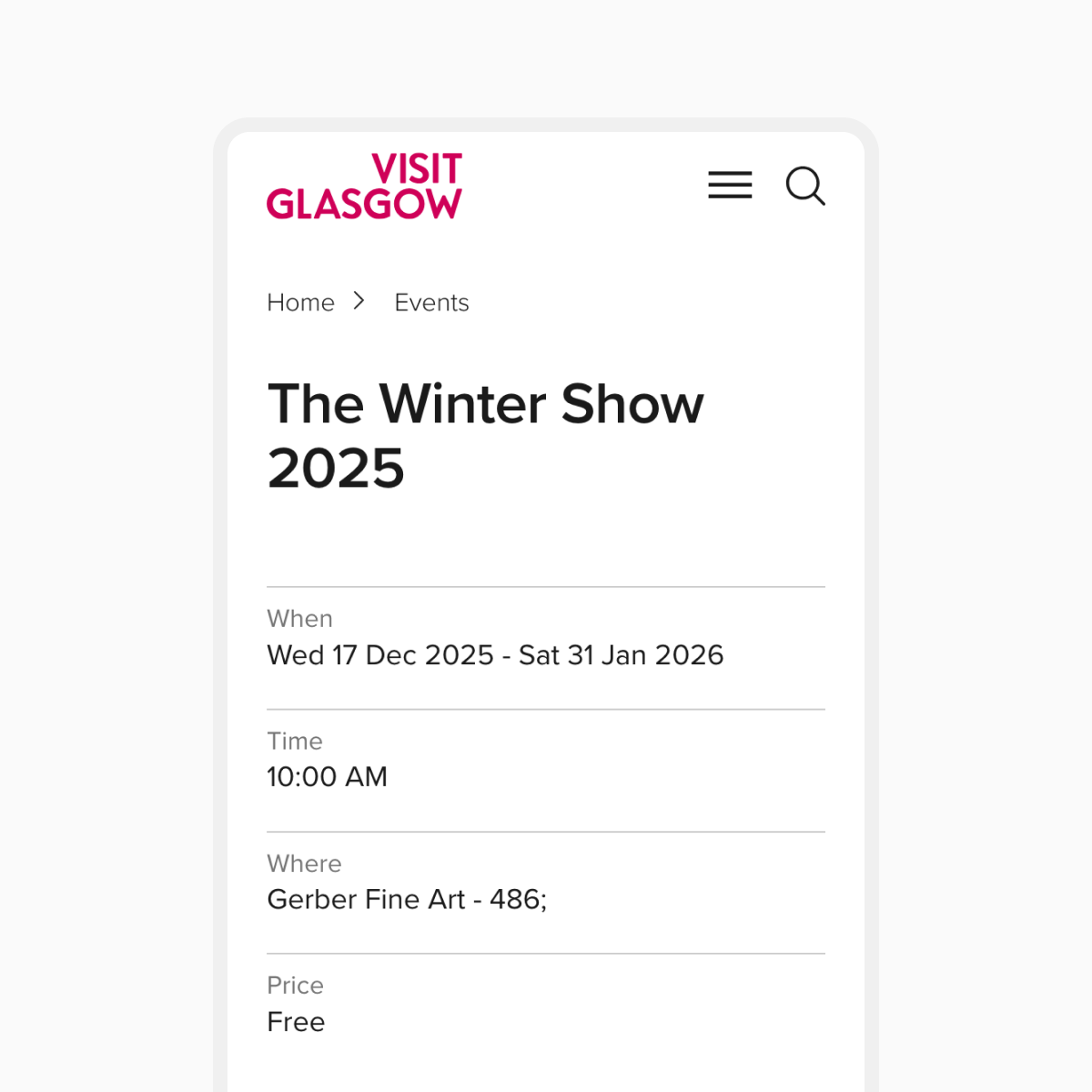 A screenshot of page from the Visit Glasgow website on a mobile device