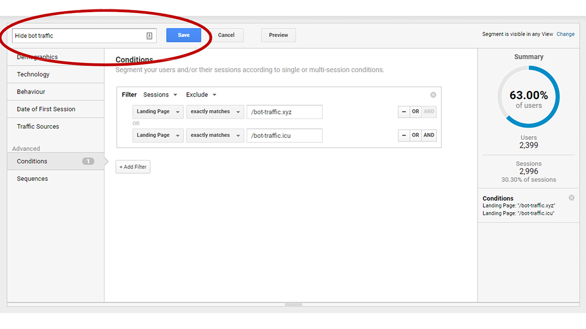 Screenshot of Google Analytics showing how to choose a memorable name and save the segment