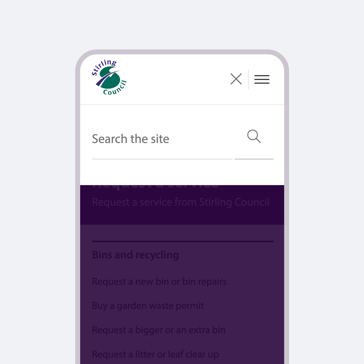 Stirling Council website search pattern on a smart phone screen