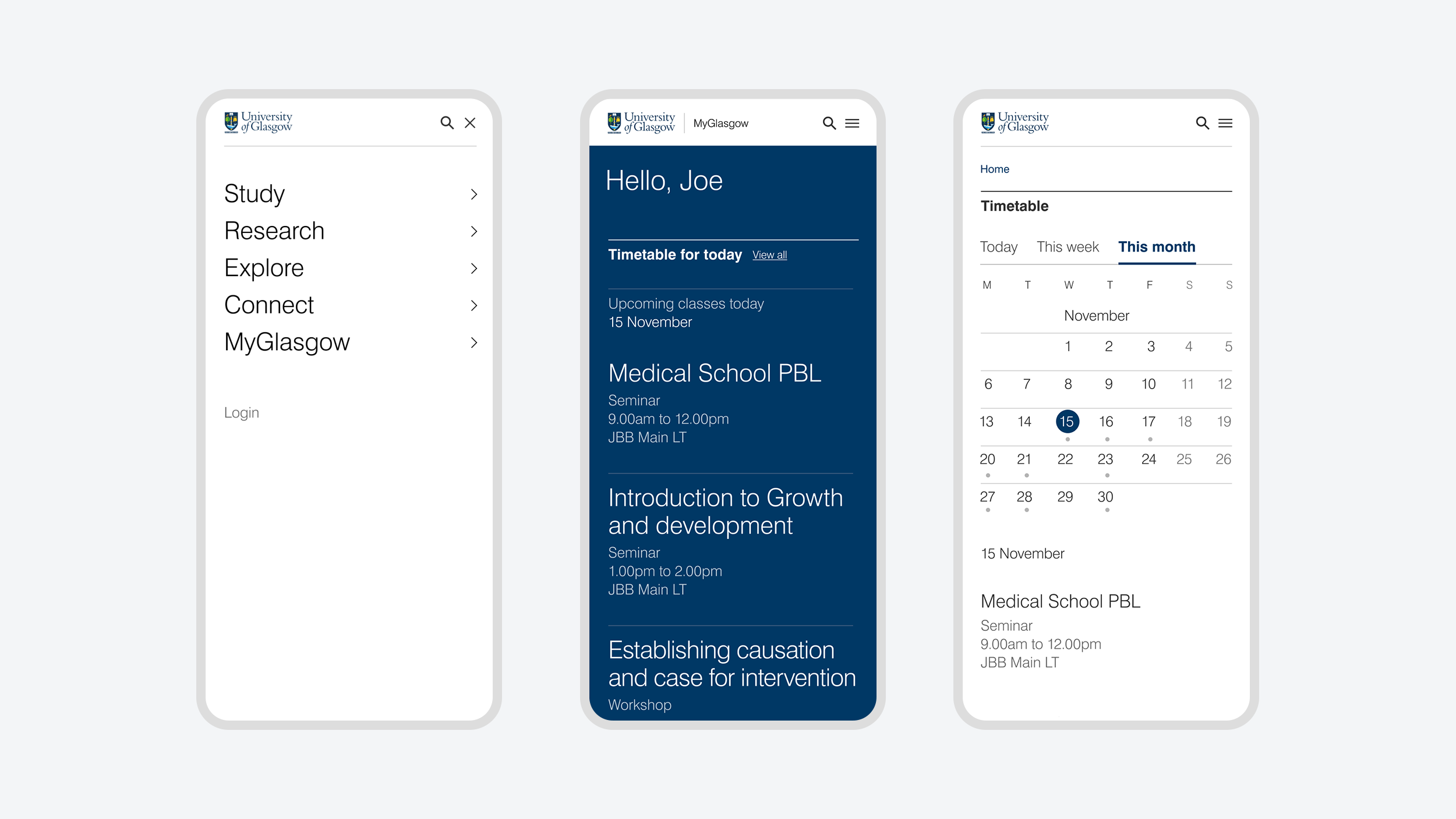 A screenshot of 3 mobile device pages concept for a student support service for the University of Glasgow design system