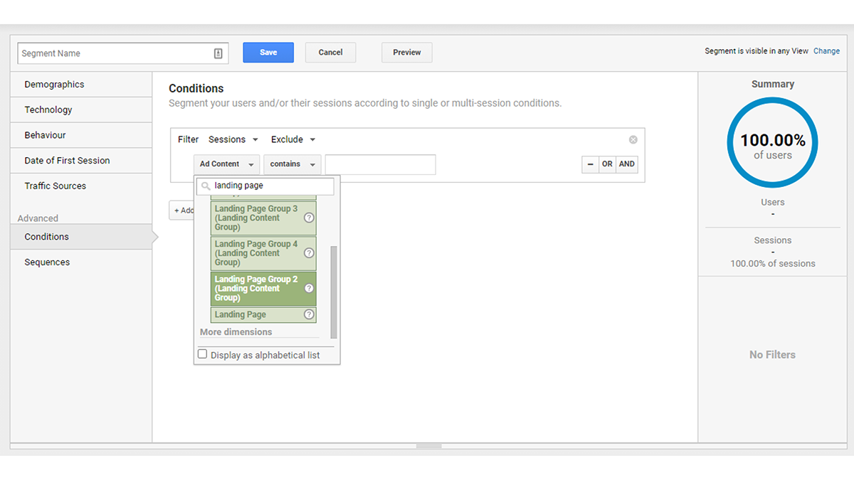 Screenshot of Google Analytics showing how to select the dimension to filter traffic