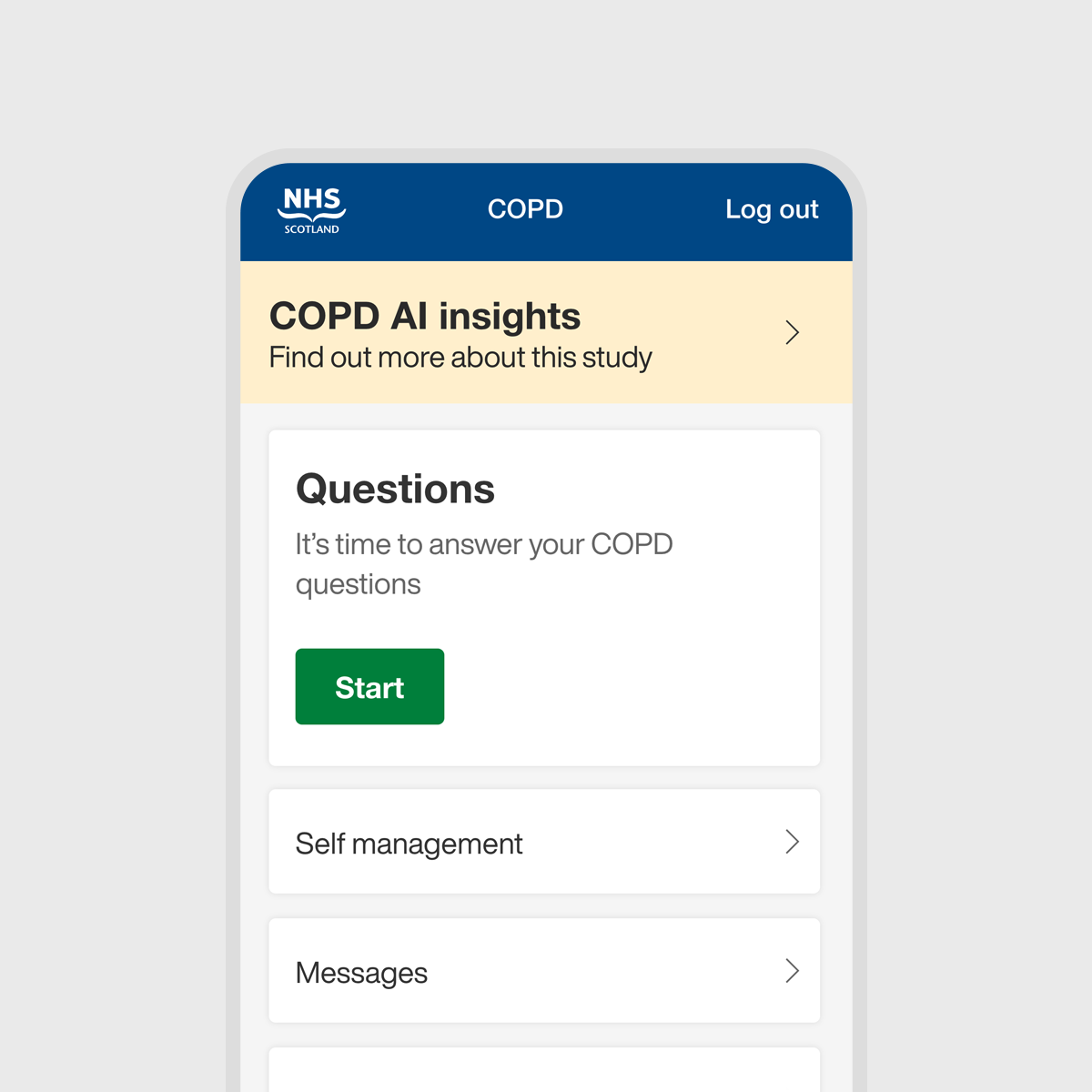 Mobile image showing dashboard for the COPD patient app