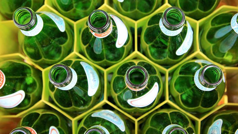 Green glass bottles in a rack