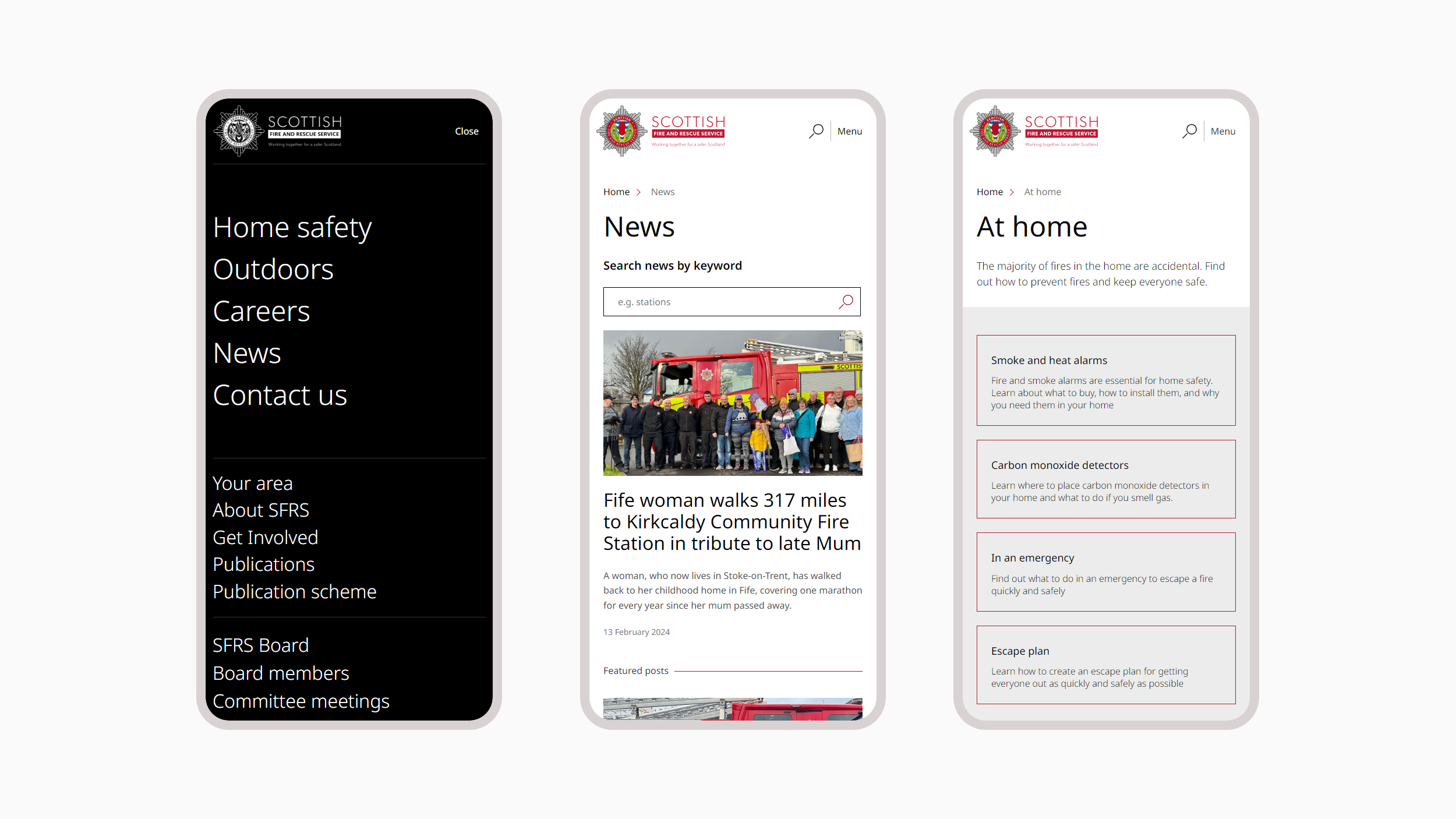 A selection of 3 mobile screenshots of the Scottish Fire and Rescue website