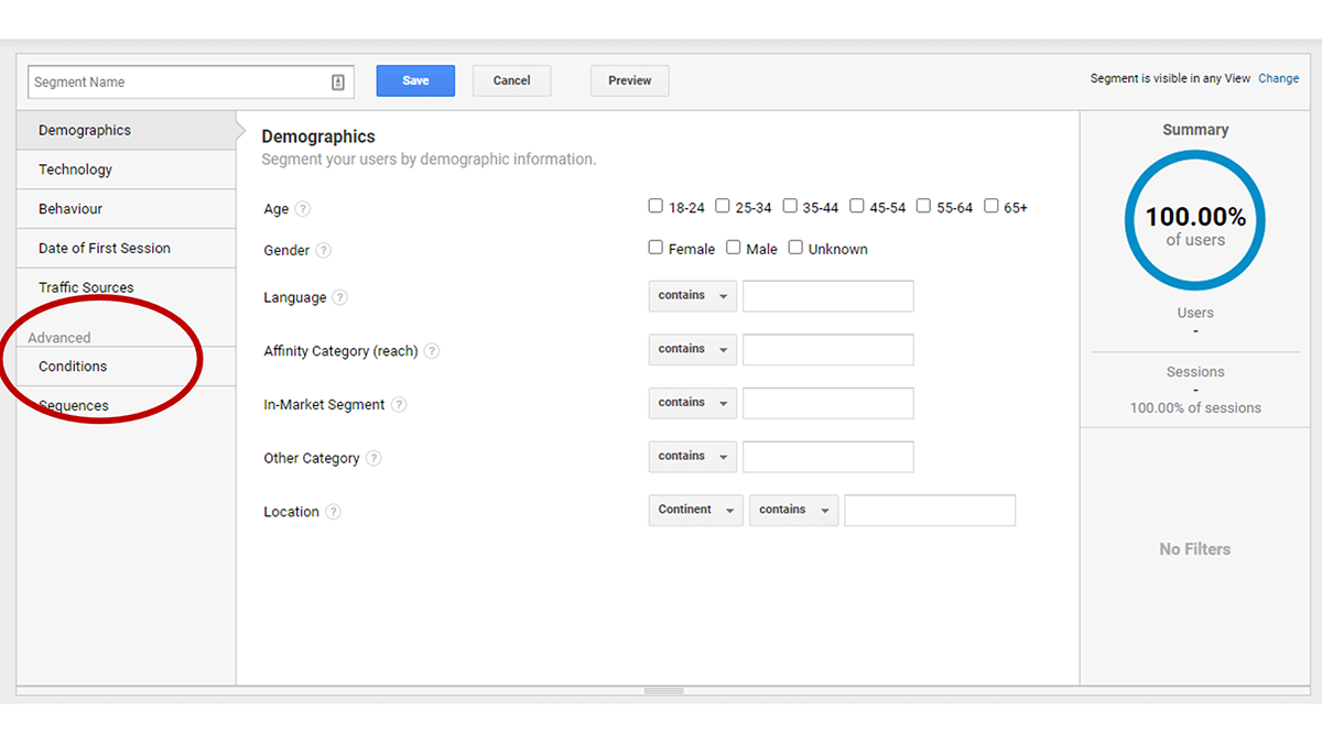 Screenshot of Google Analytics showing how to select conditions for the segment