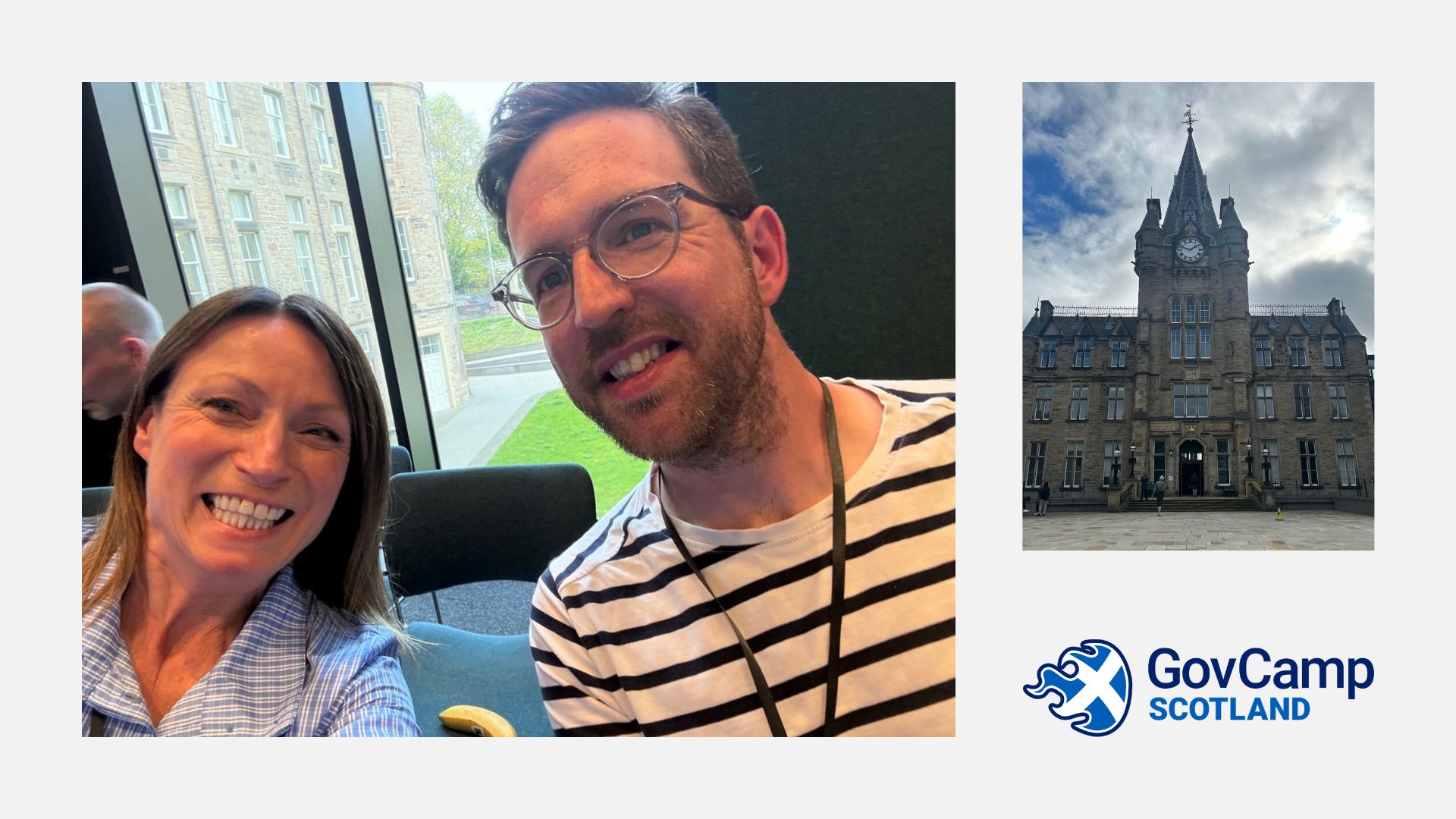 Claire and Olly smiling, with a separate image of the Future's Institute exterior