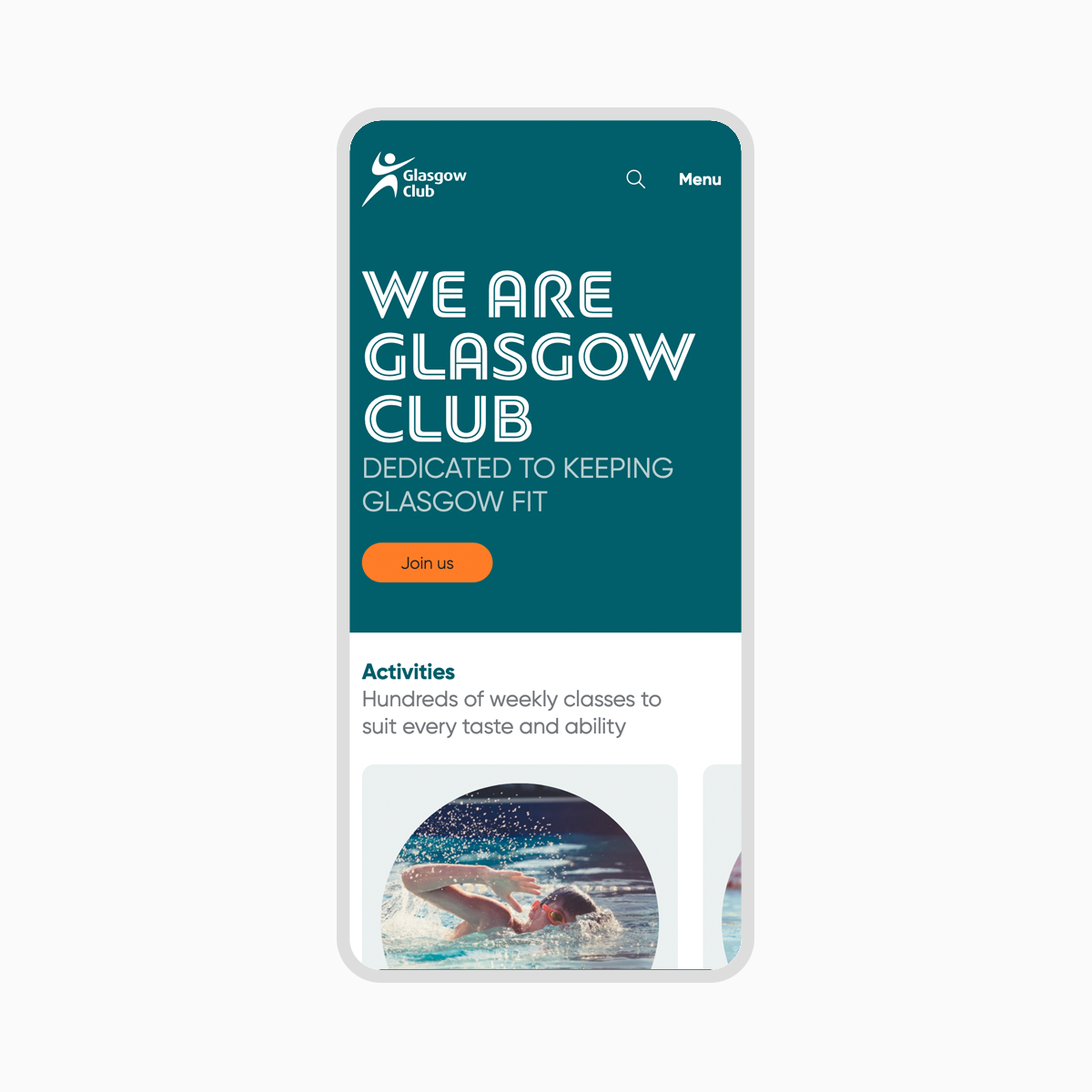Glasgow Club website on a smart phone, showing the Home page