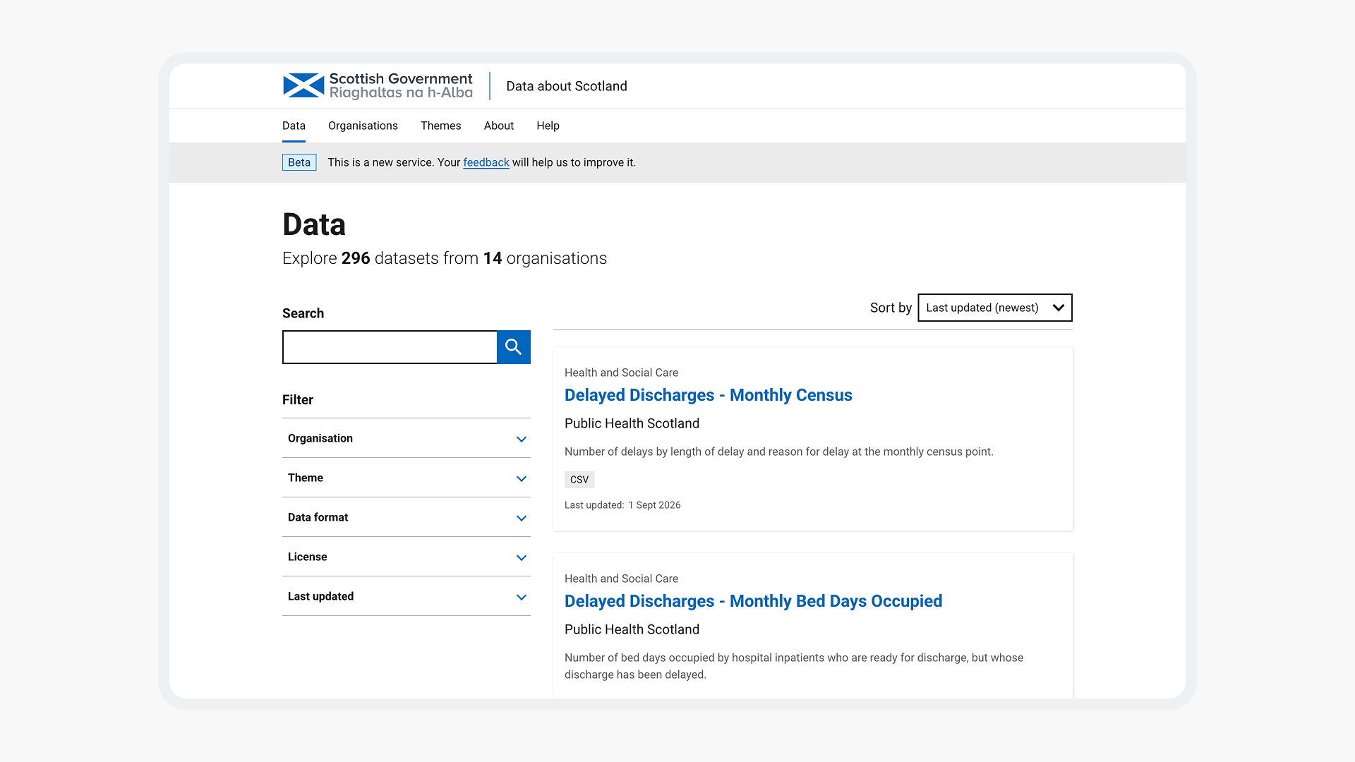Dataset listing page showing 296 datasets from 14 organisations