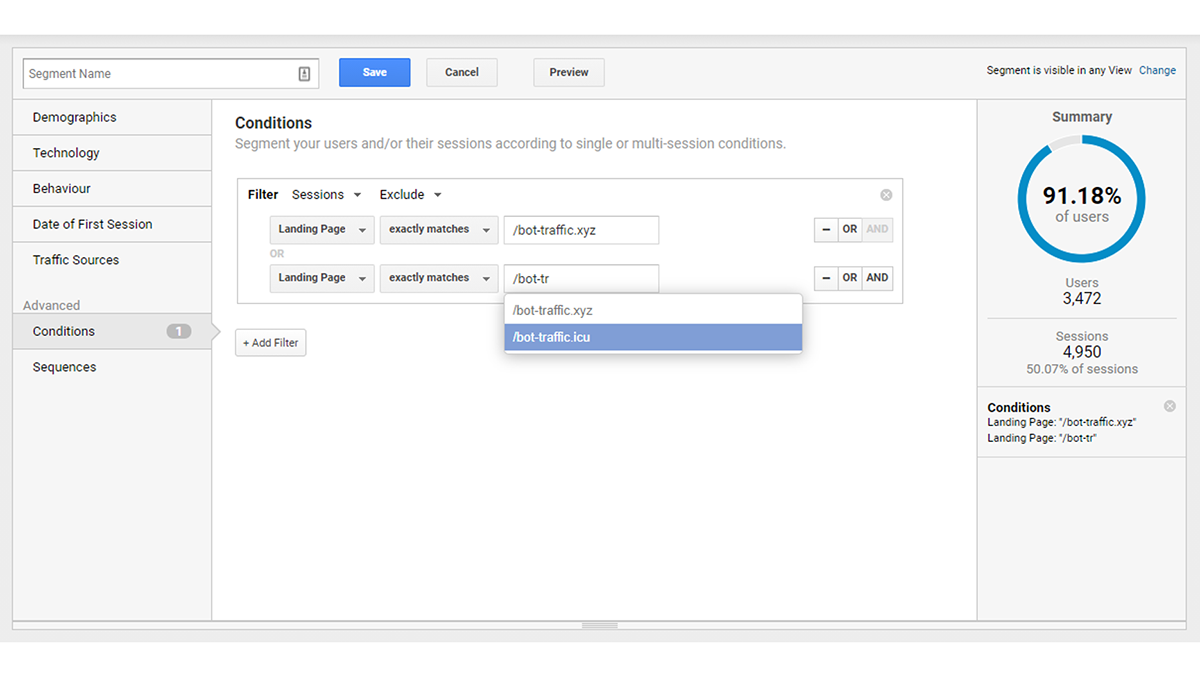 Screenshot of Google Analytics showing how to add any additional conditions to a filter