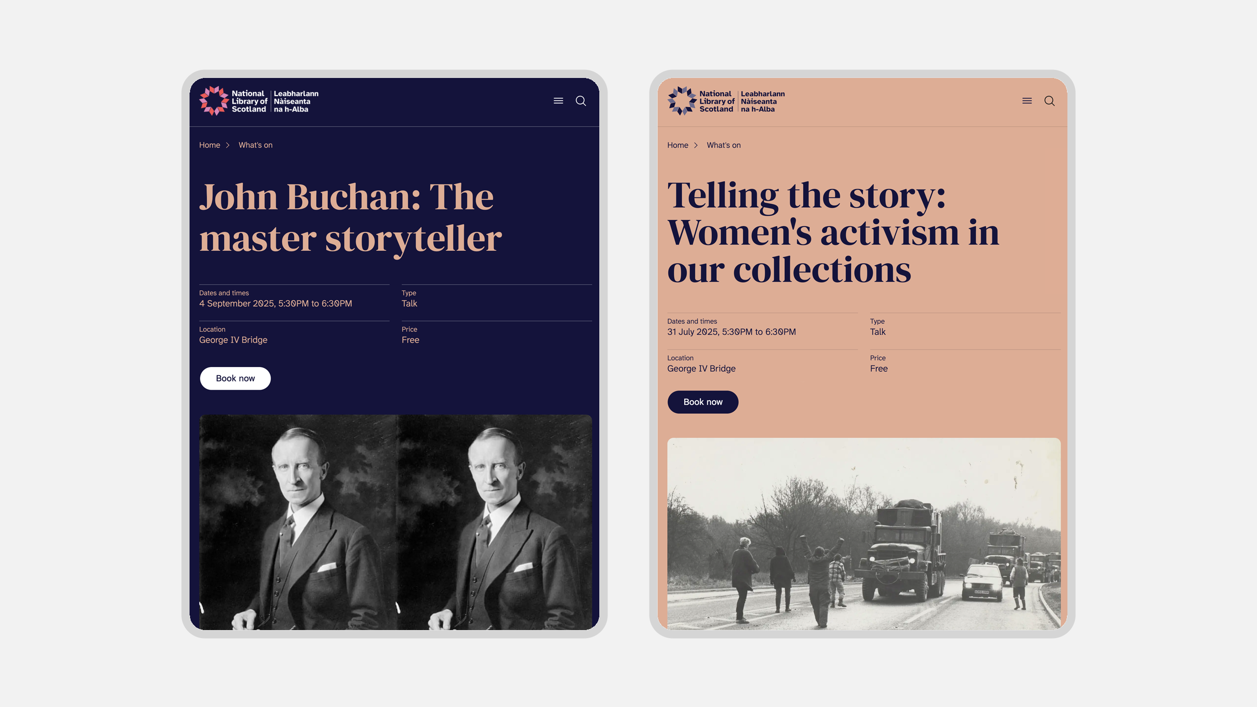 Two tablet sized screenshots from the National Library of Scotland website interface