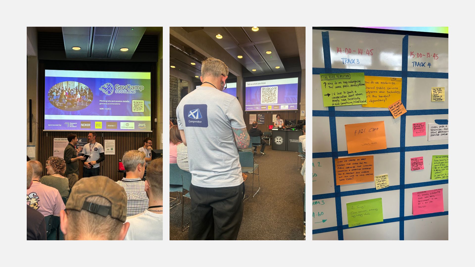 Montage of 3 images from the event. 2 images show the interior of the meeting space, the 3rd image shows post it notes.
