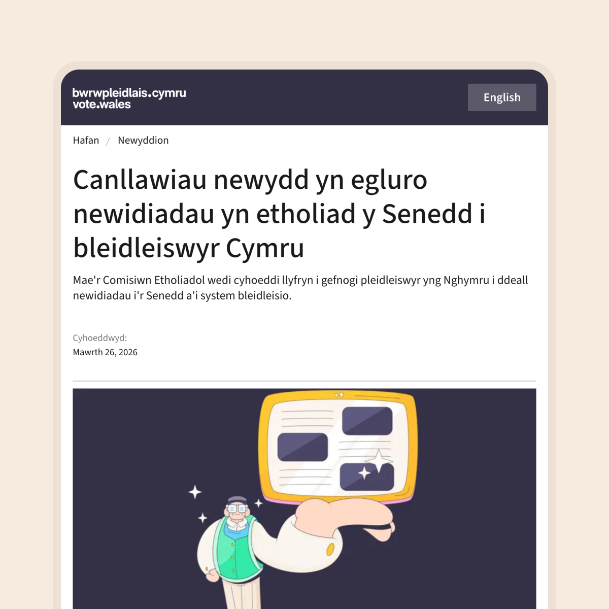 A screenshot of a Vote Wales Voting news page in the Welsh language