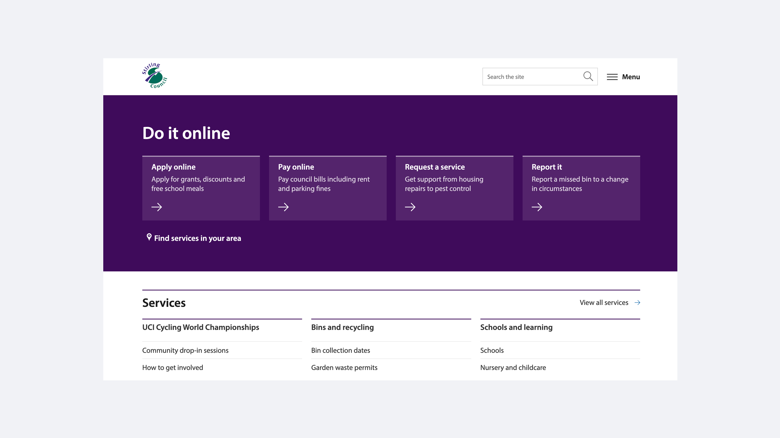 The Stirling Council website home page showing links to online council services