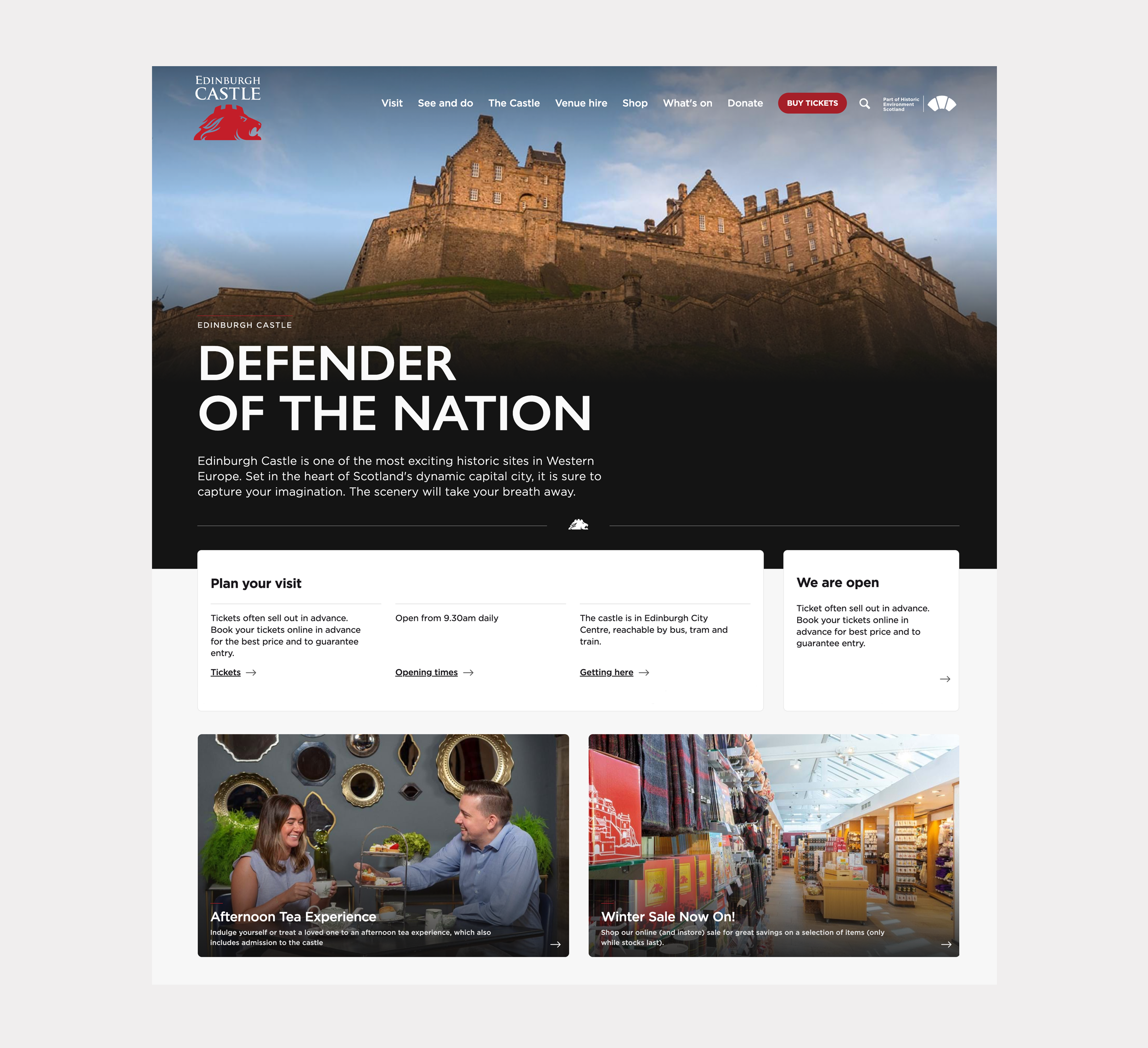 Large screen view showing the home page of the Edinburgh Castle website