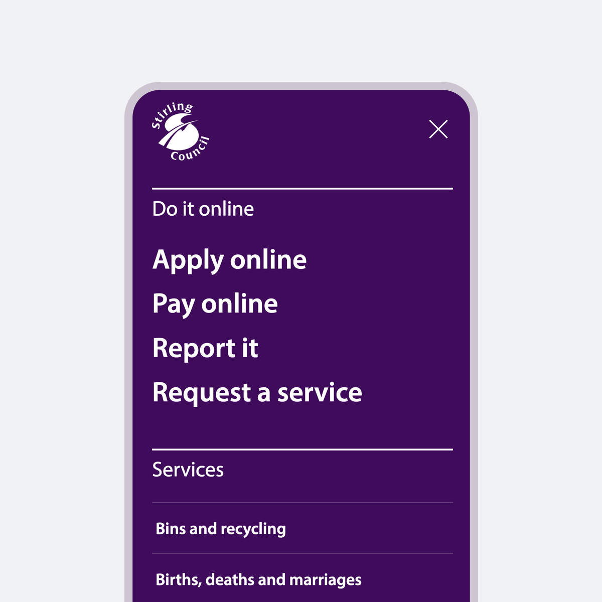 Stirling Council website navigation pattern on a smart phone screen