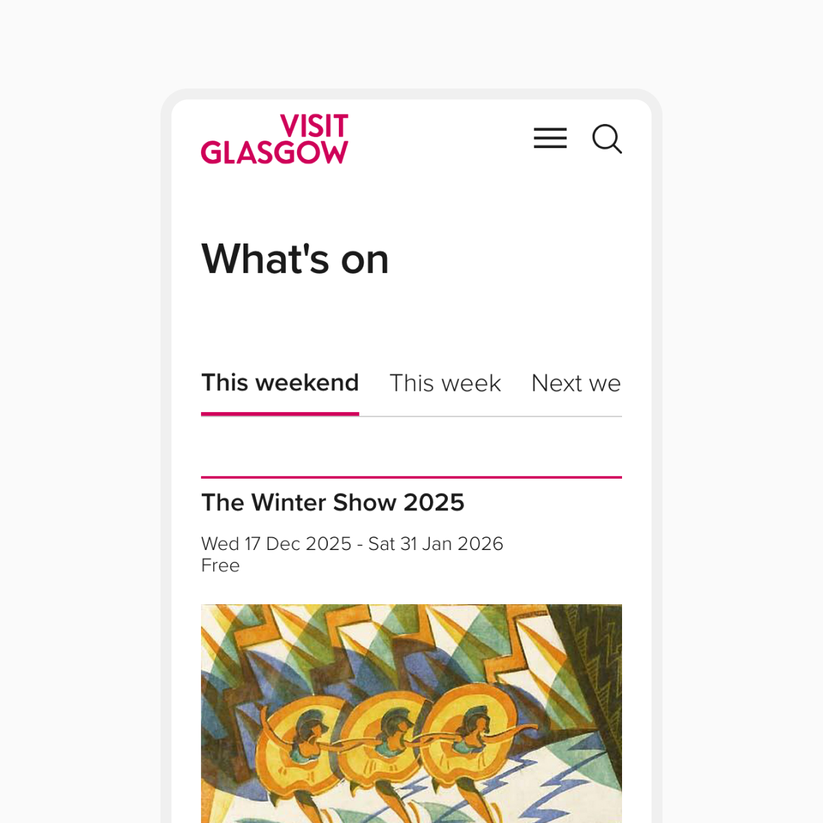 A screenshot of page from the Visit Glasgow website on a mobile device