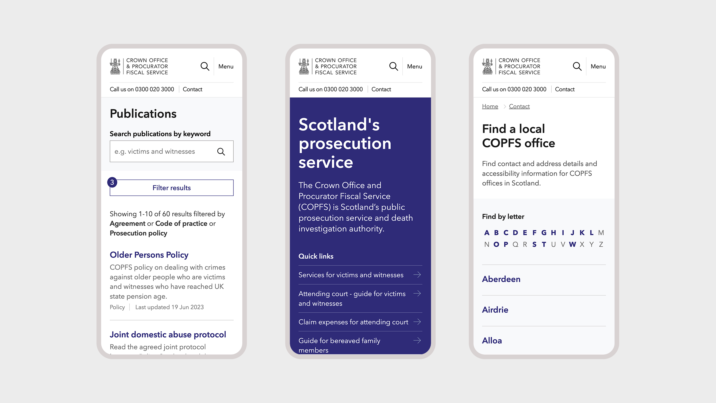 Three screens of Crown Office and Procurator Fiscal Service website on smart phones showing Publications, home page and find a local COPFPS office