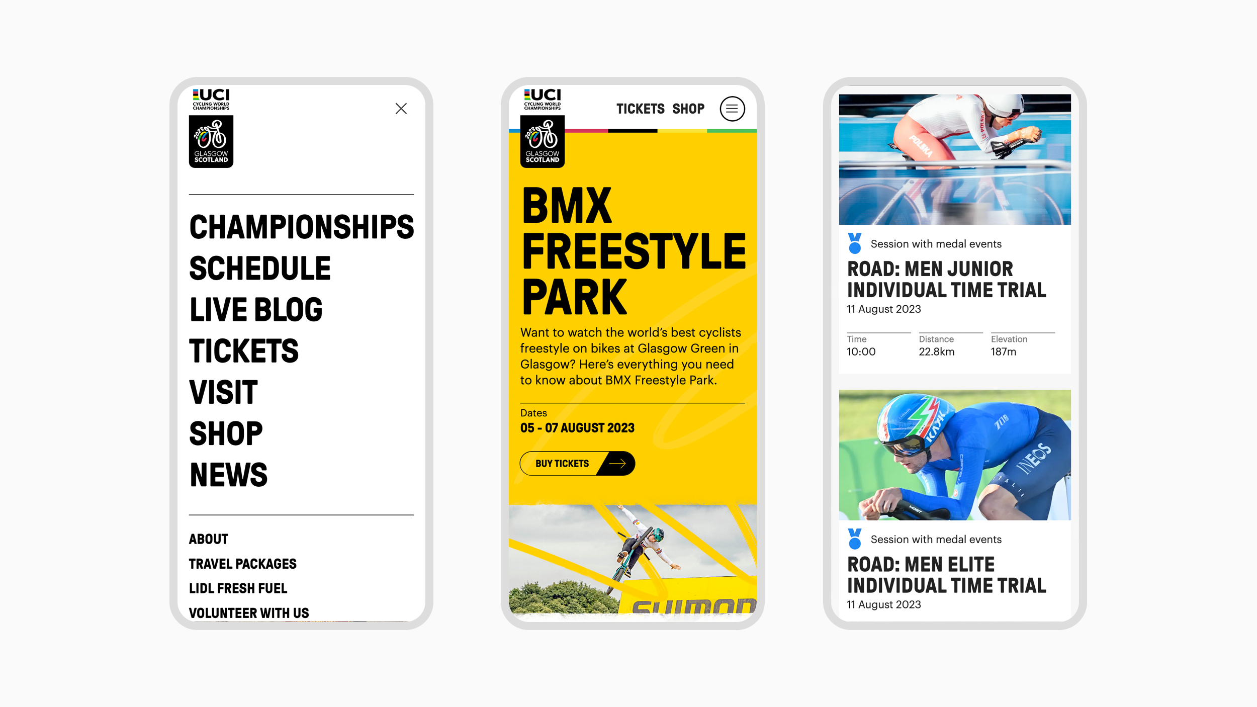 Three smart phone screens showing the UCI Championships website - navigation, event, and championships pages