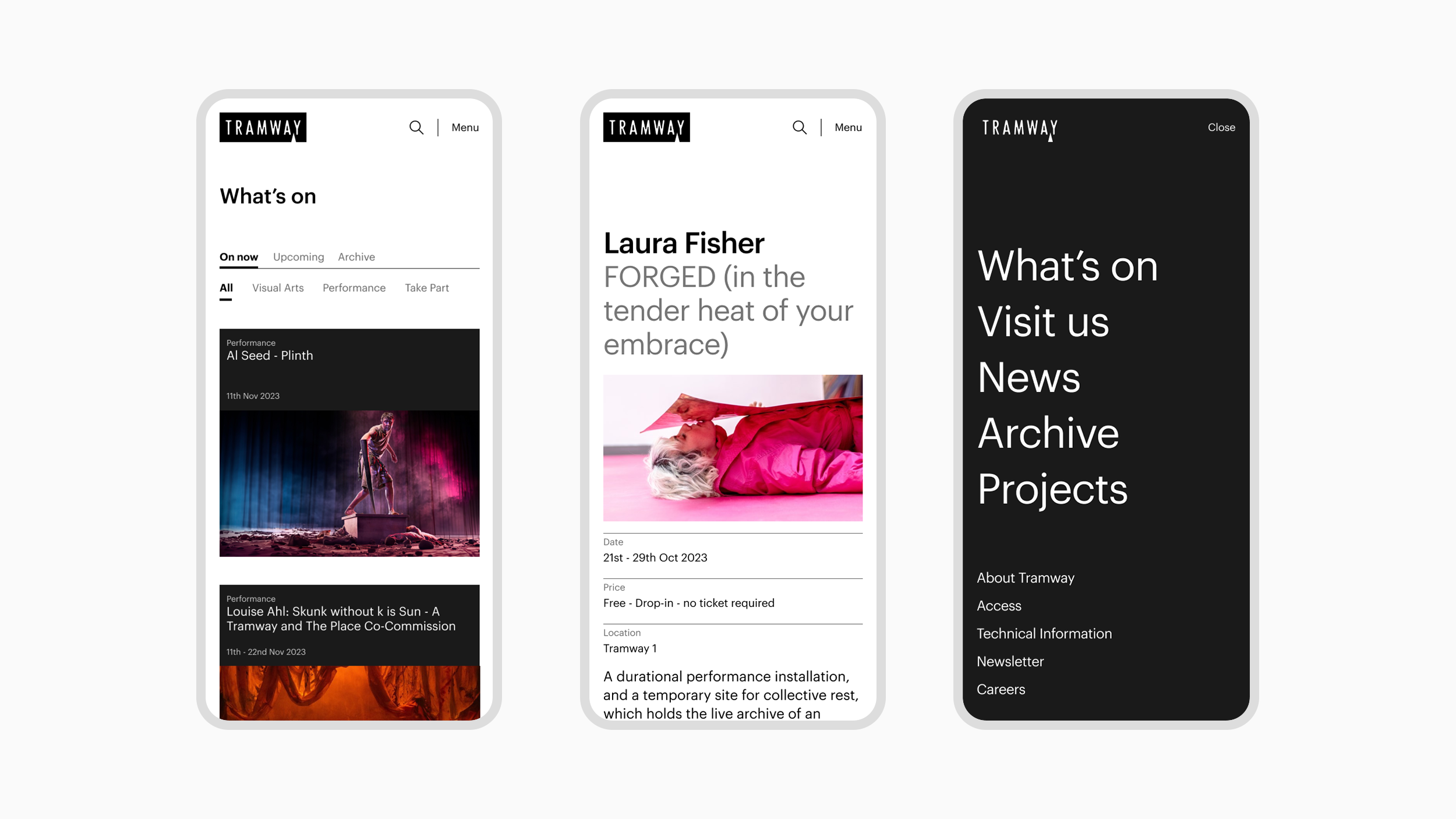 Three smart phone screens showing the Tramway website - what's on, event, primary navigation