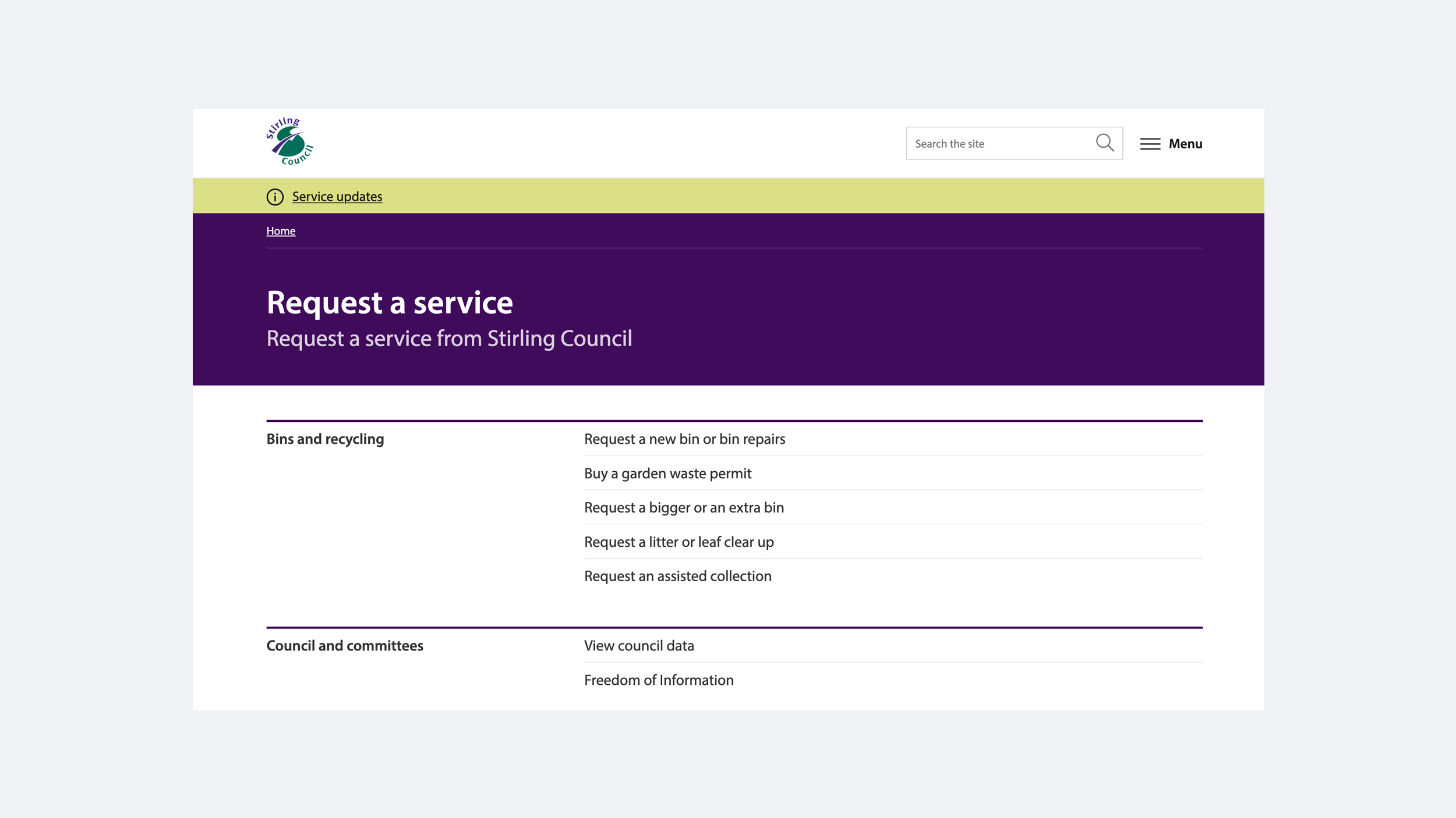 Stirling Council website Request a service page