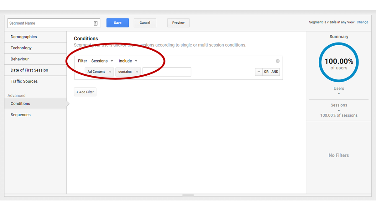 Screenshot of Google Analytics showing how to set filters to sessions