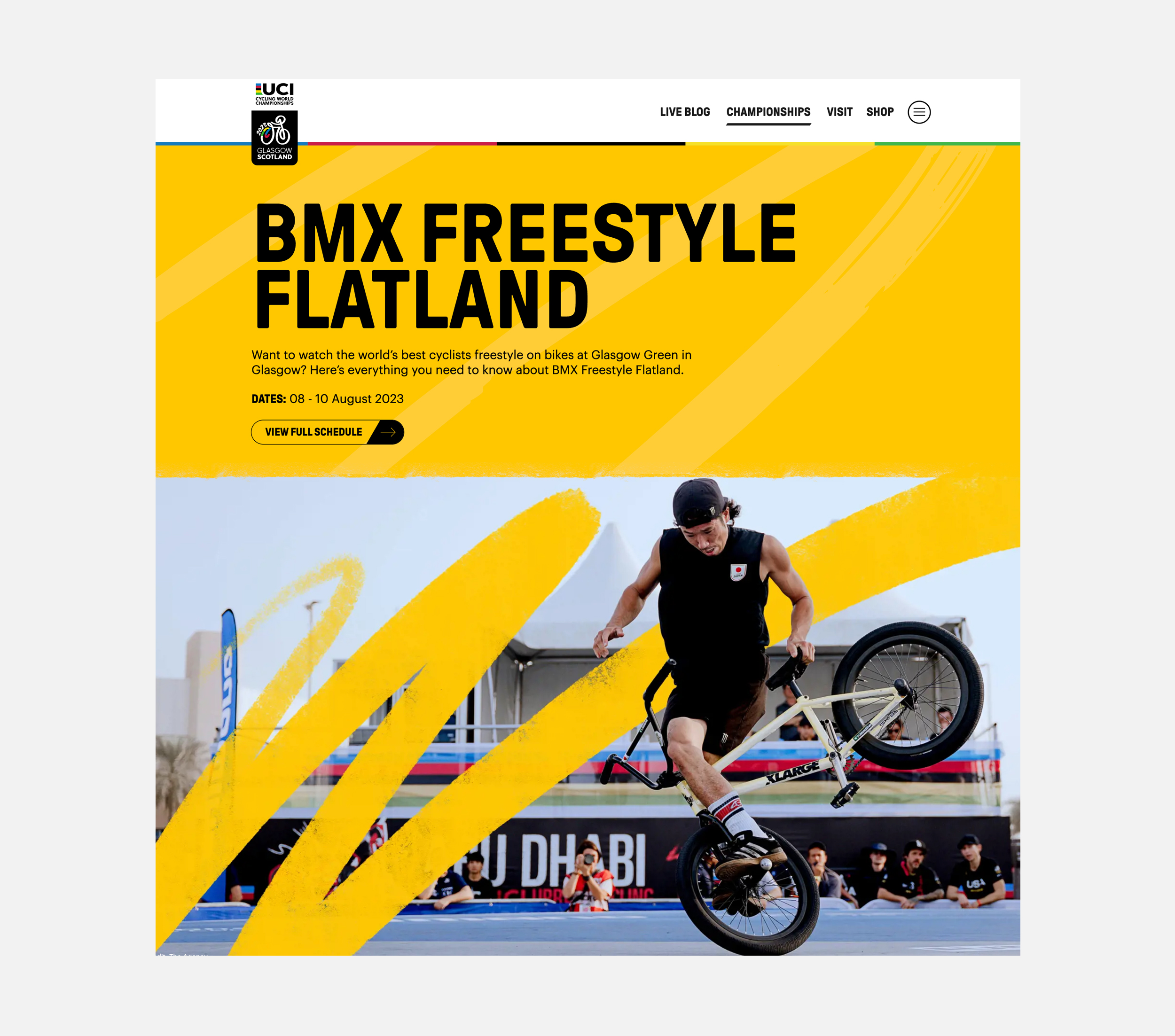 UCI Championships BMX freestyle flatland event page on the website showing a cyclist freestyling standing on the front trucks of his BMX