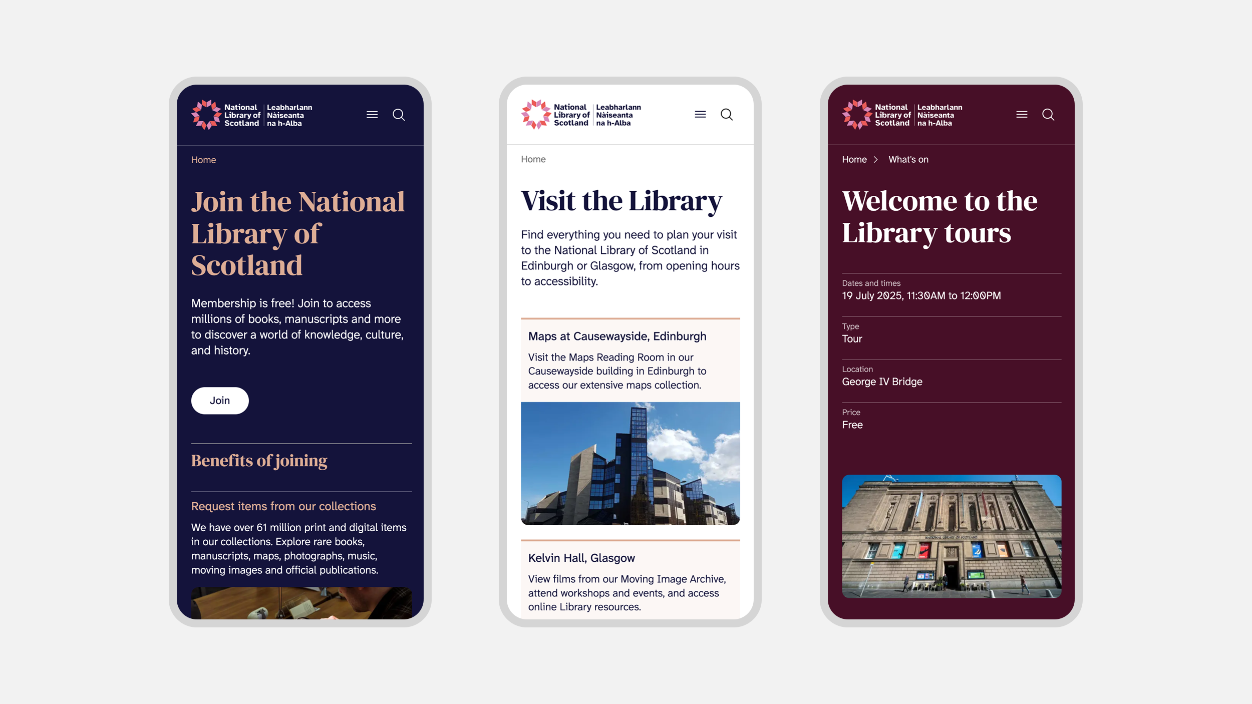 A selection of 3 mobile screenshots from the National Library of Scotland website