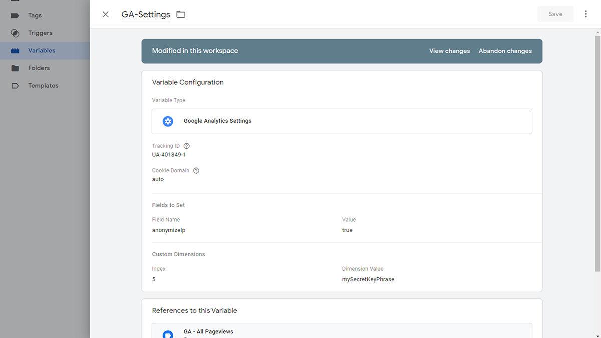 Screenshot of Google Analytics showing how to update your GA settings variable in Google Tag Manager